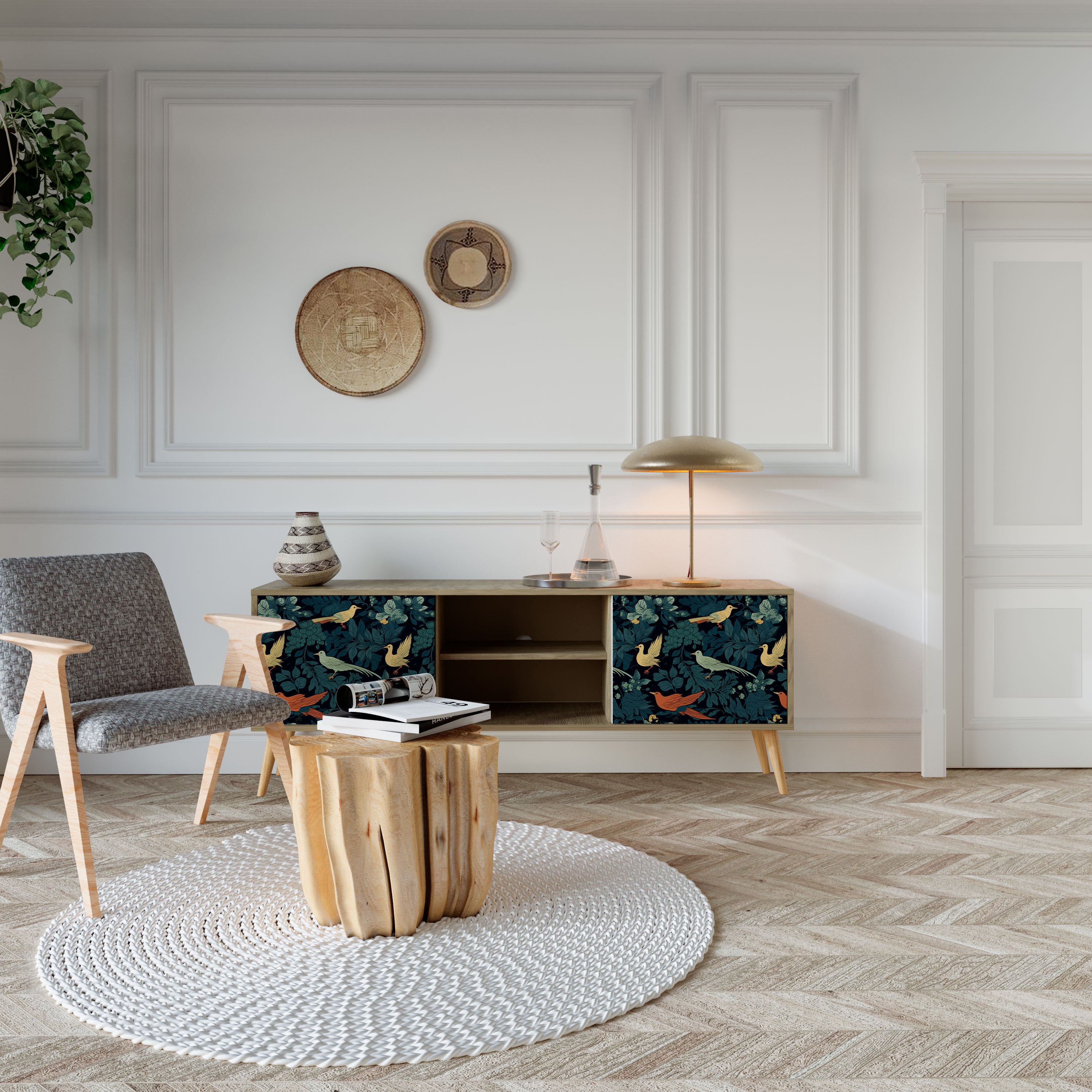 Mueble de TV de 2 puertas FOWL ORNAMENT con efecto roble