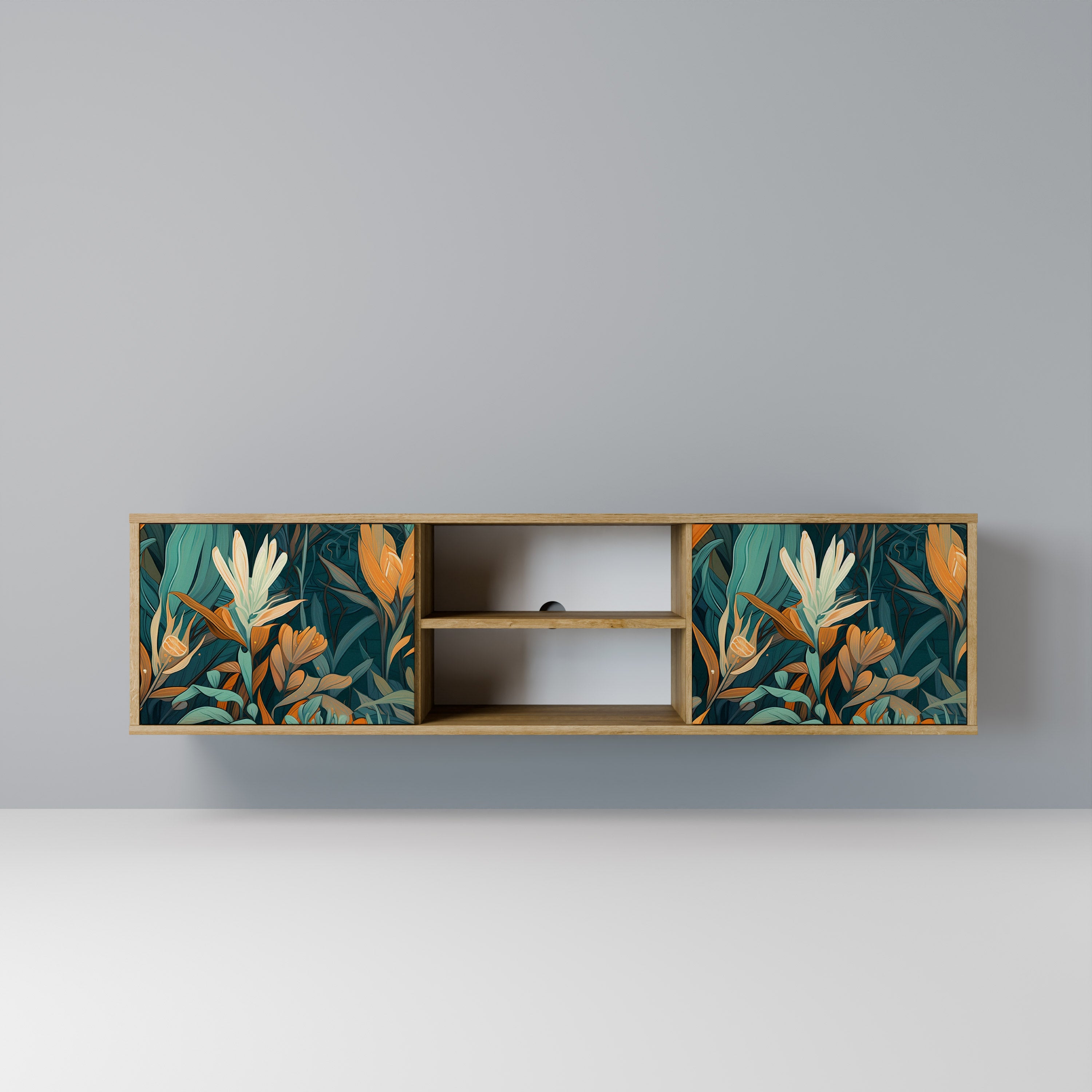 Mueble de TV de 2 puertas FLORAL SERENITY con efecto roble