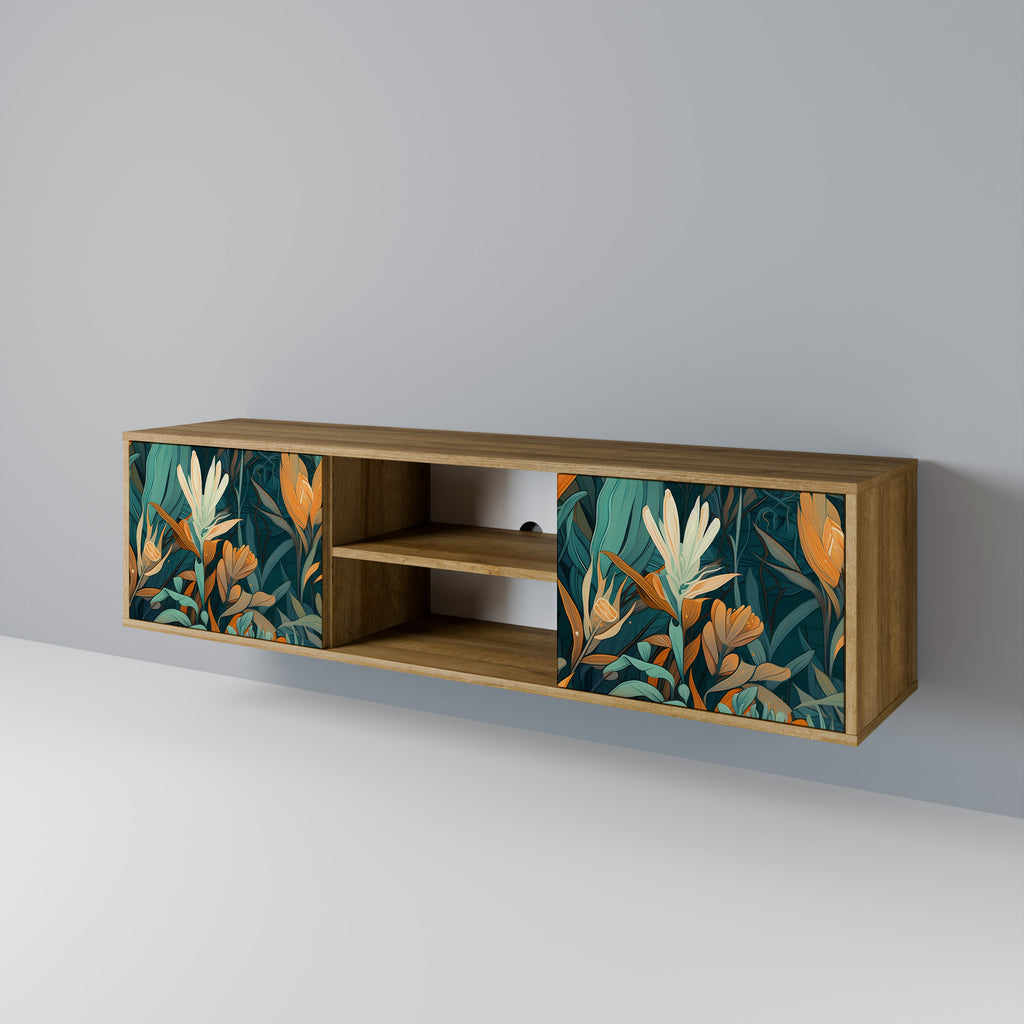 Mueble de TV de 2 puertas FLORAL SERENITY con efecto roble