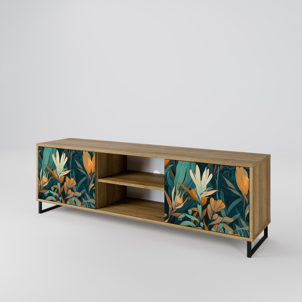 Mueble de TV de 2 puertas FLORAL SERENITY con efecto roble