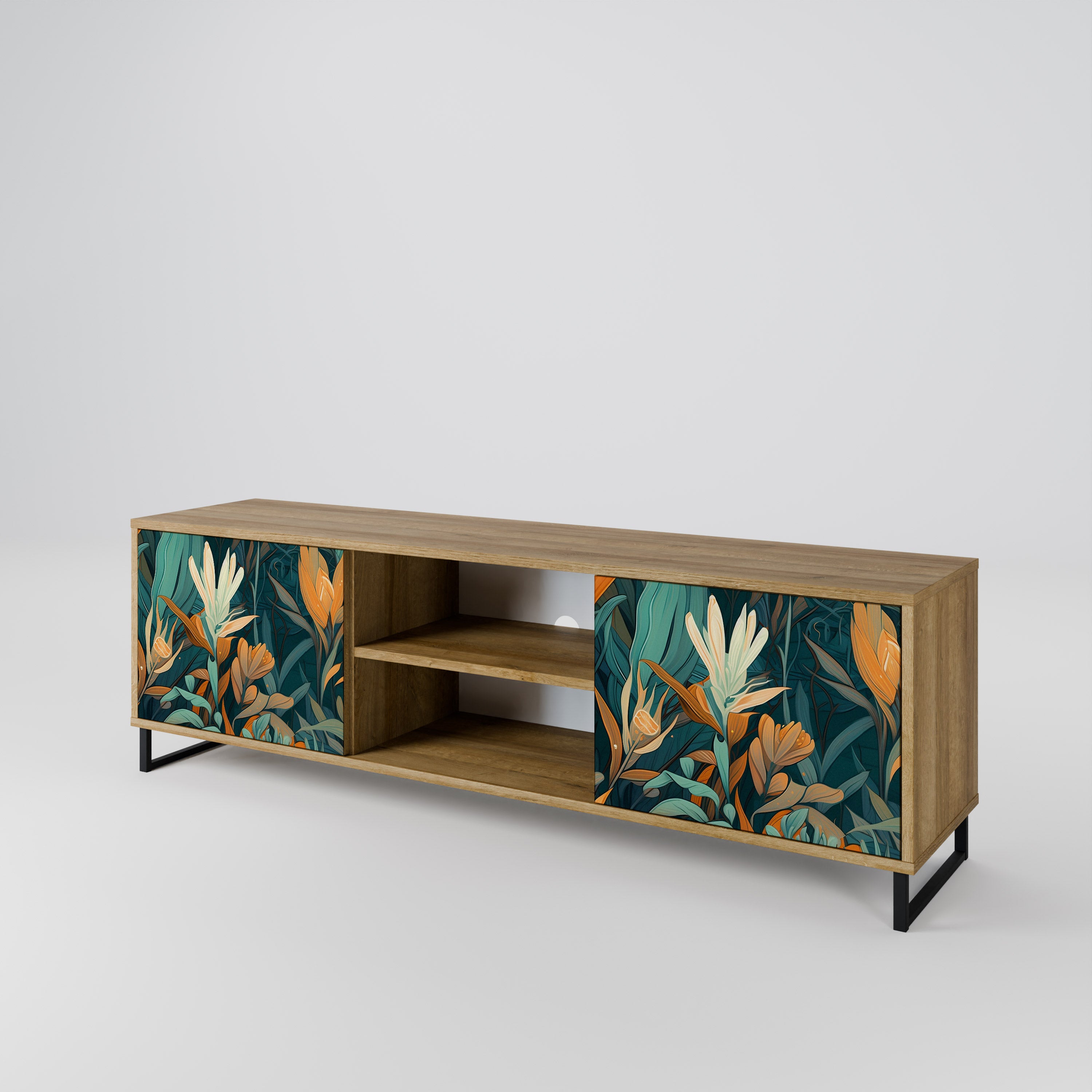 Mueble de TV de 2 puertas FLORAL SERENITY con efecto roble