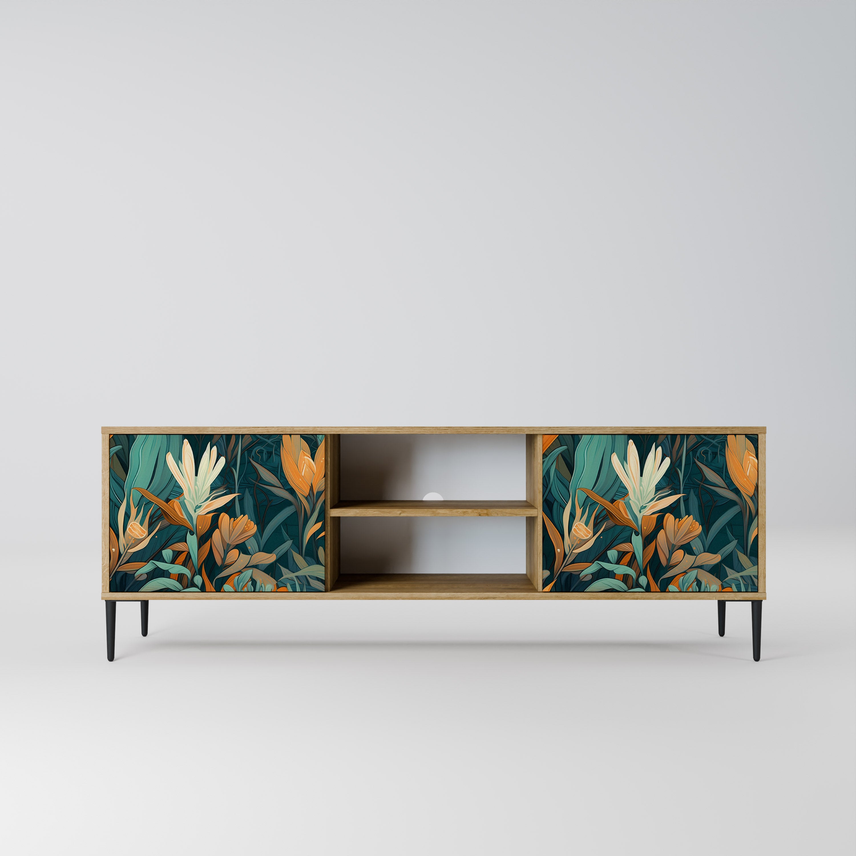 Mueble de TV de 2 puertas FLORAL SERENITY con efecto roble