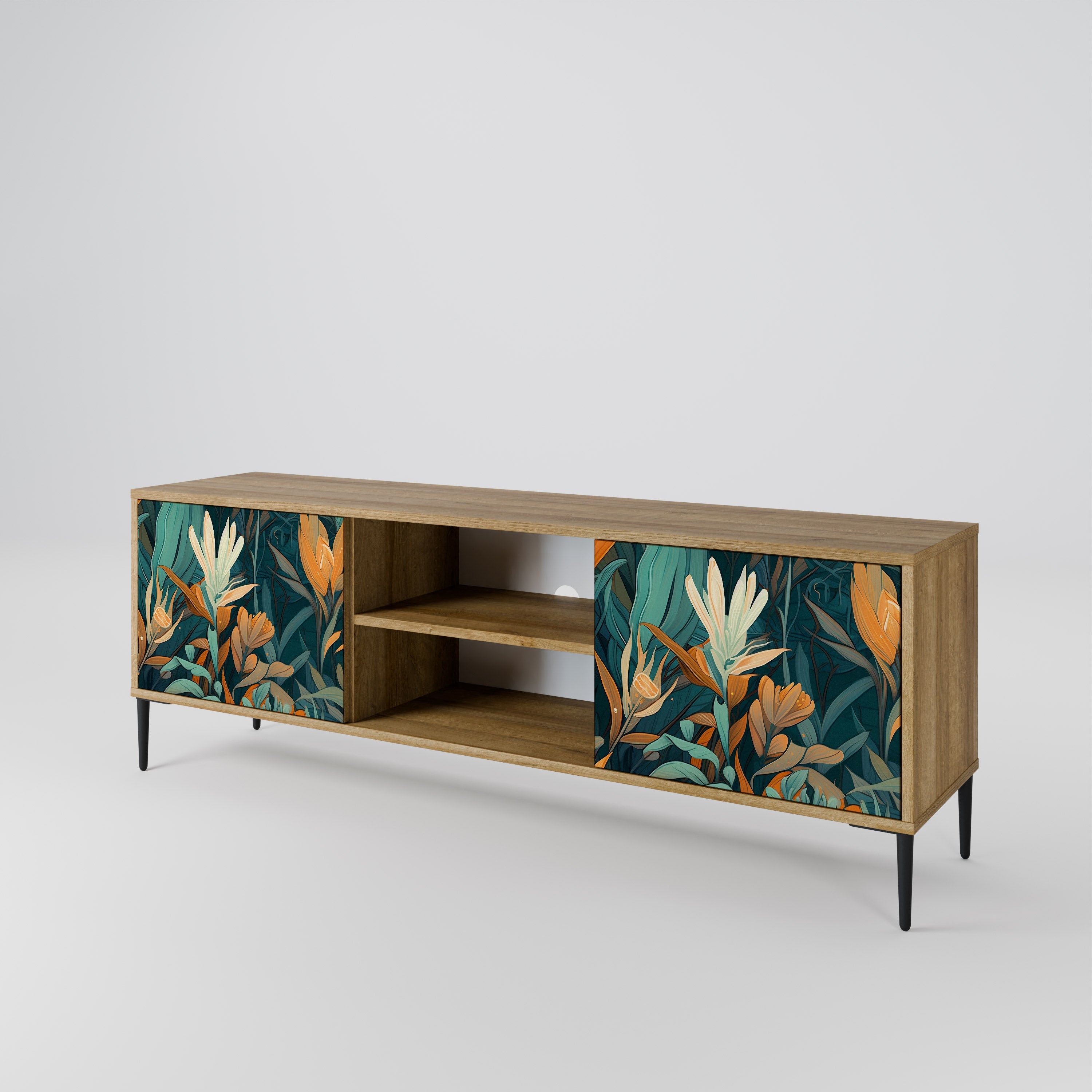 Mueble de TV de 2 puertas FLORAL SERENITY con efecto roble