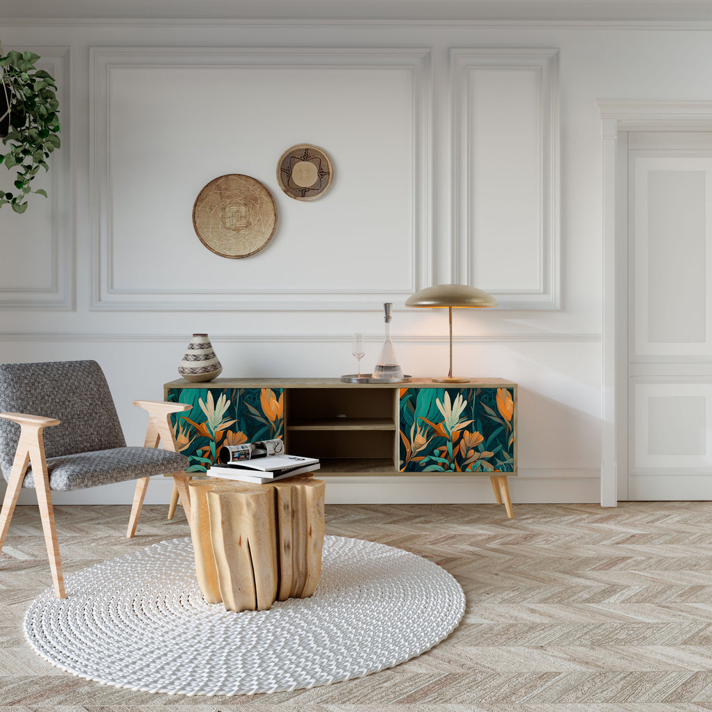 Mueble de TV de 2 puertas FLORAL SERENITY con efecto roble