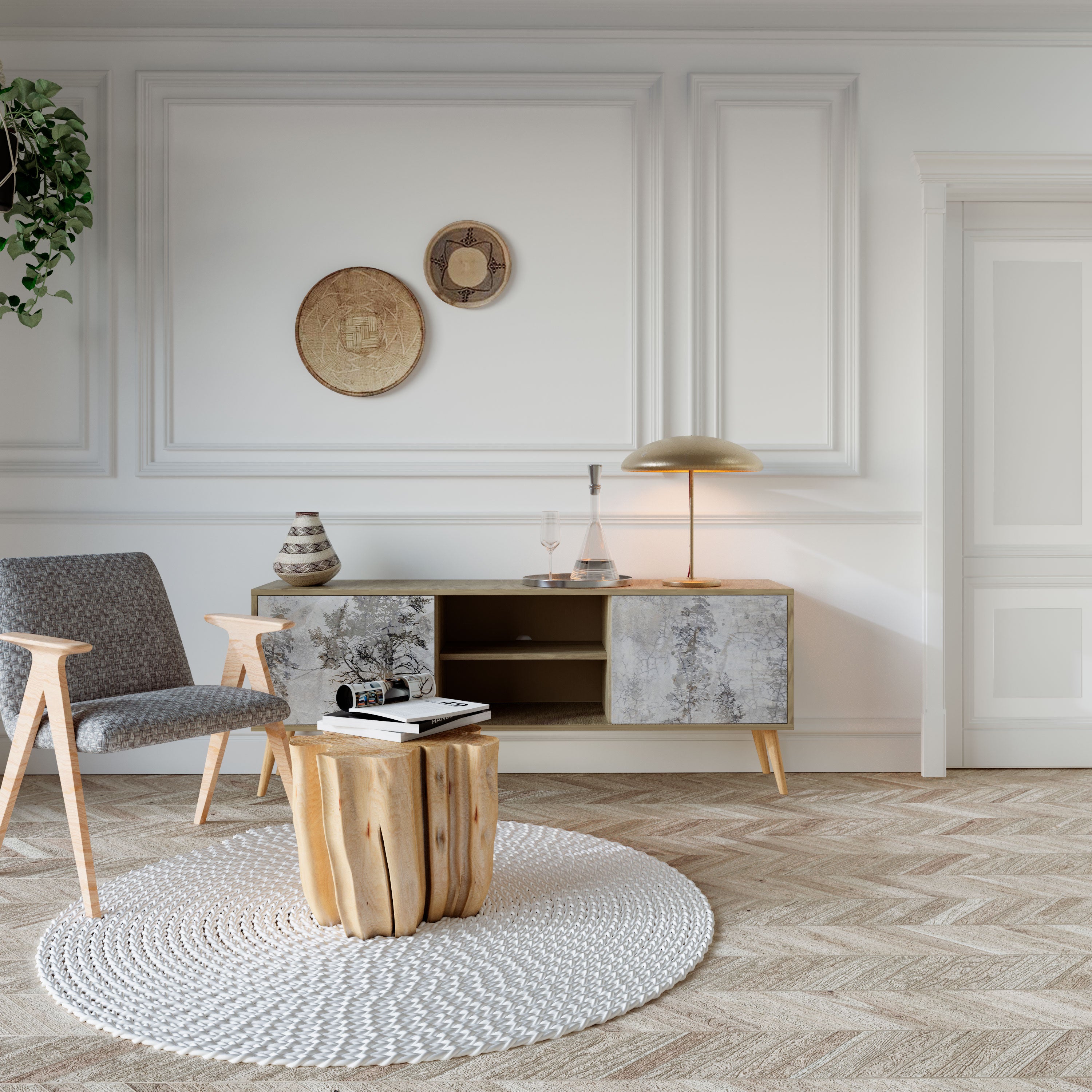 Mueble de TV de 2 puertas FADE IN THE TREES con efecto roble