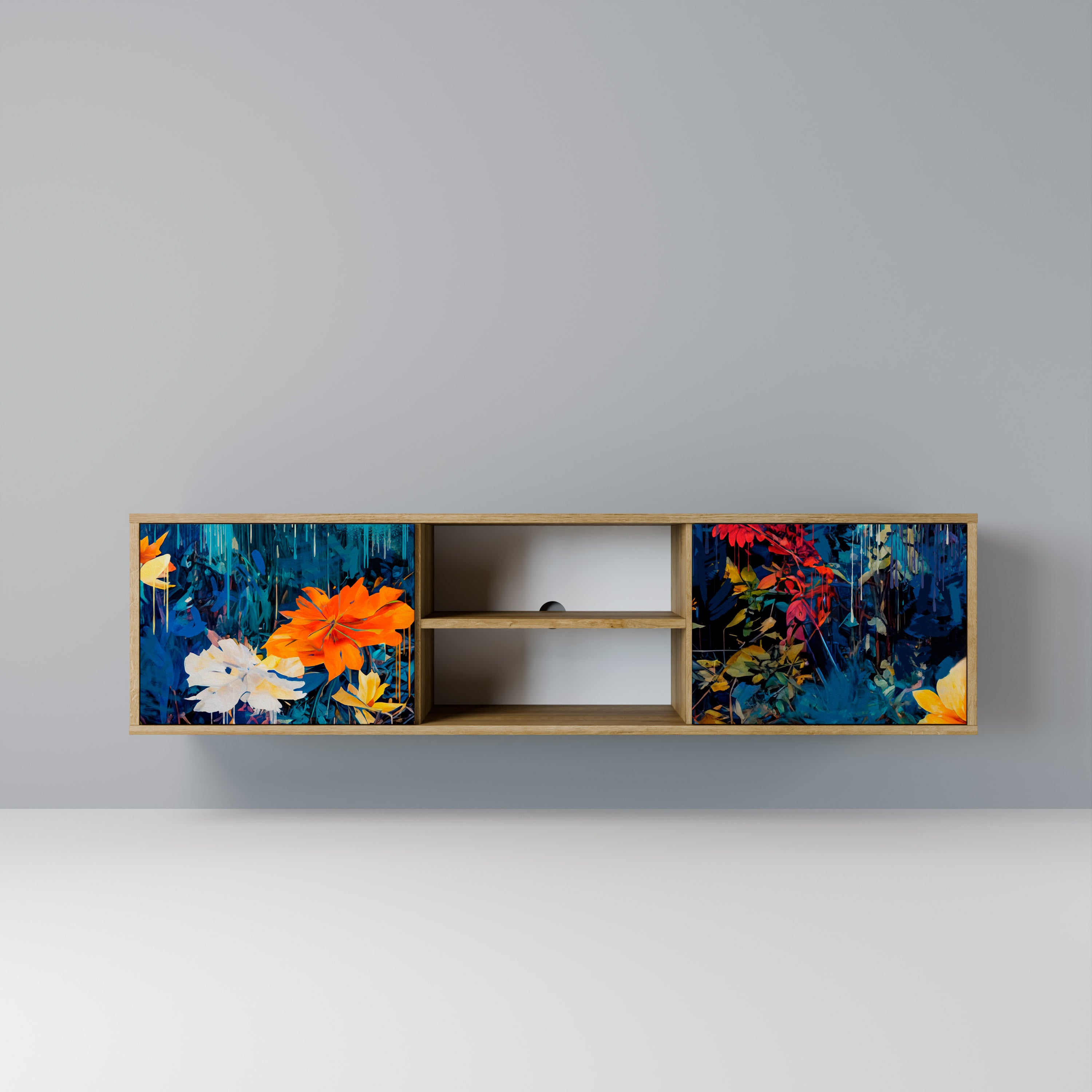 Mueble de TV de 2 puertas MIDNIGHT BLOSSOM con efecto roble