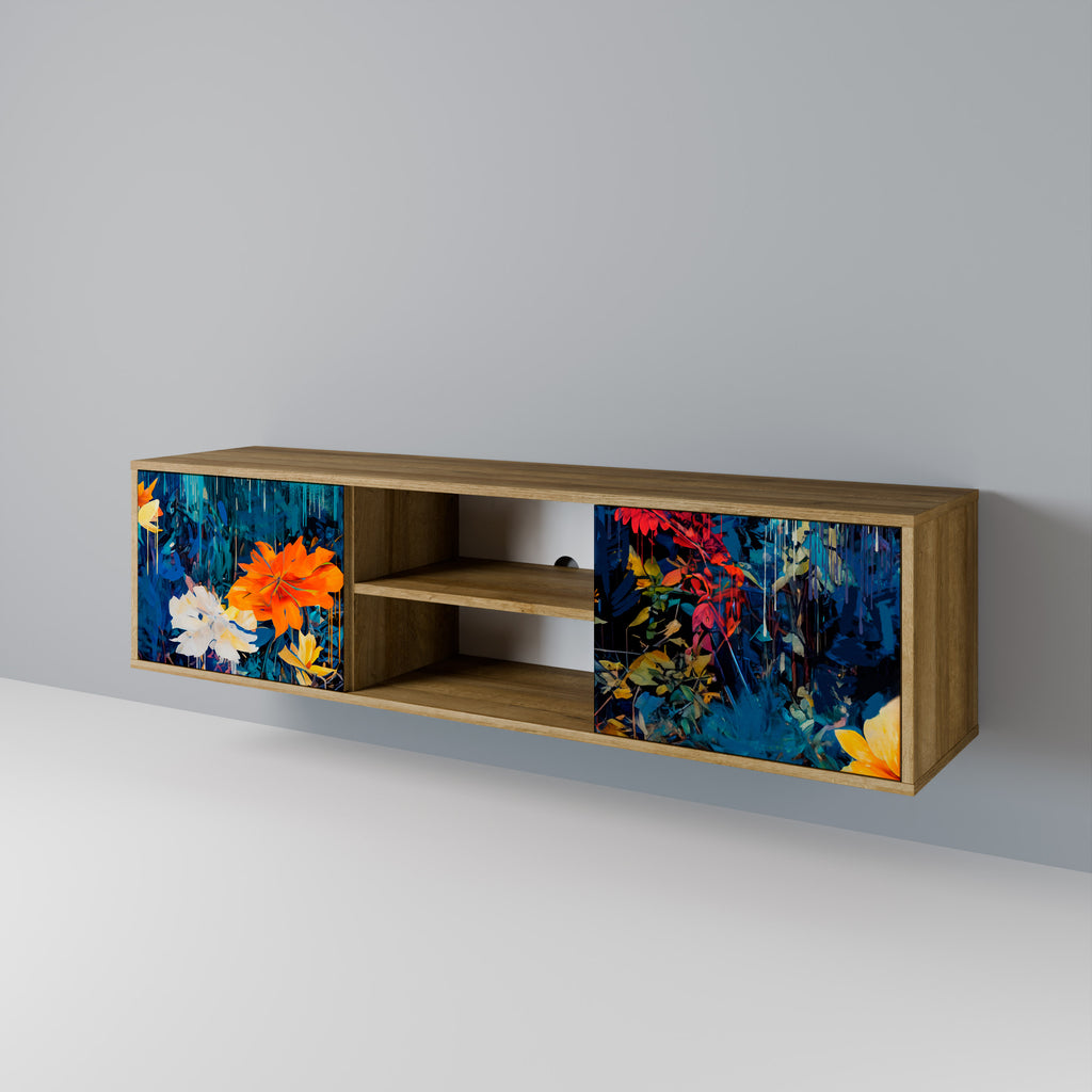 Mueble de TV de 2 puertas MIDNIGHT BLOSSOM con efecto roble