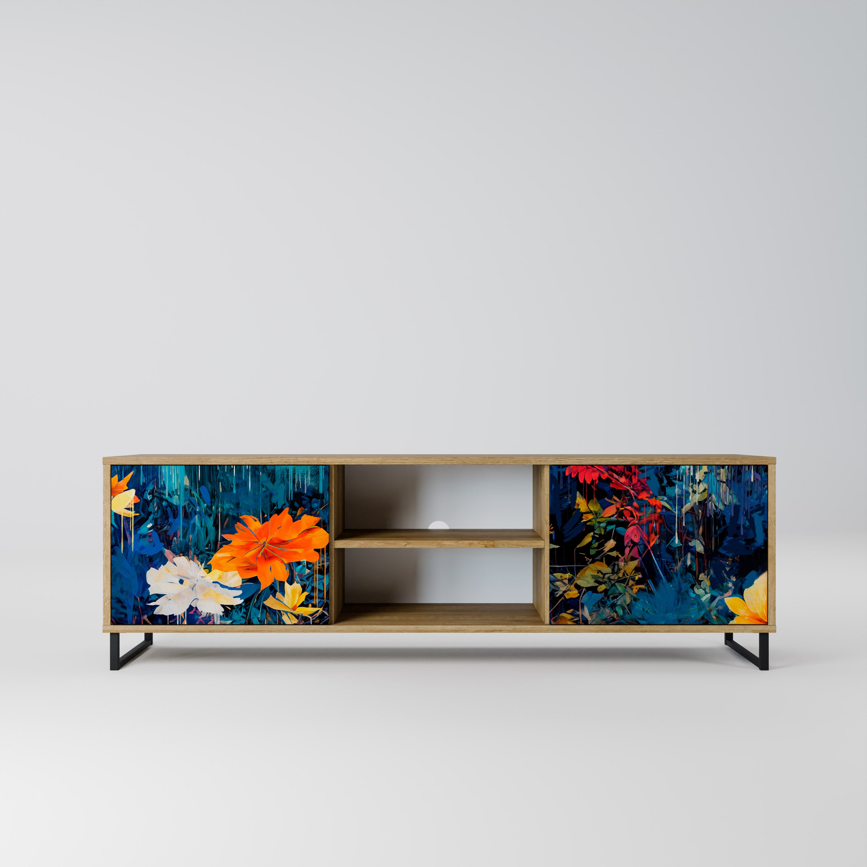 Mueble de TV de 2 puertas MIDNIGHT BLOSSOM con efecto roble