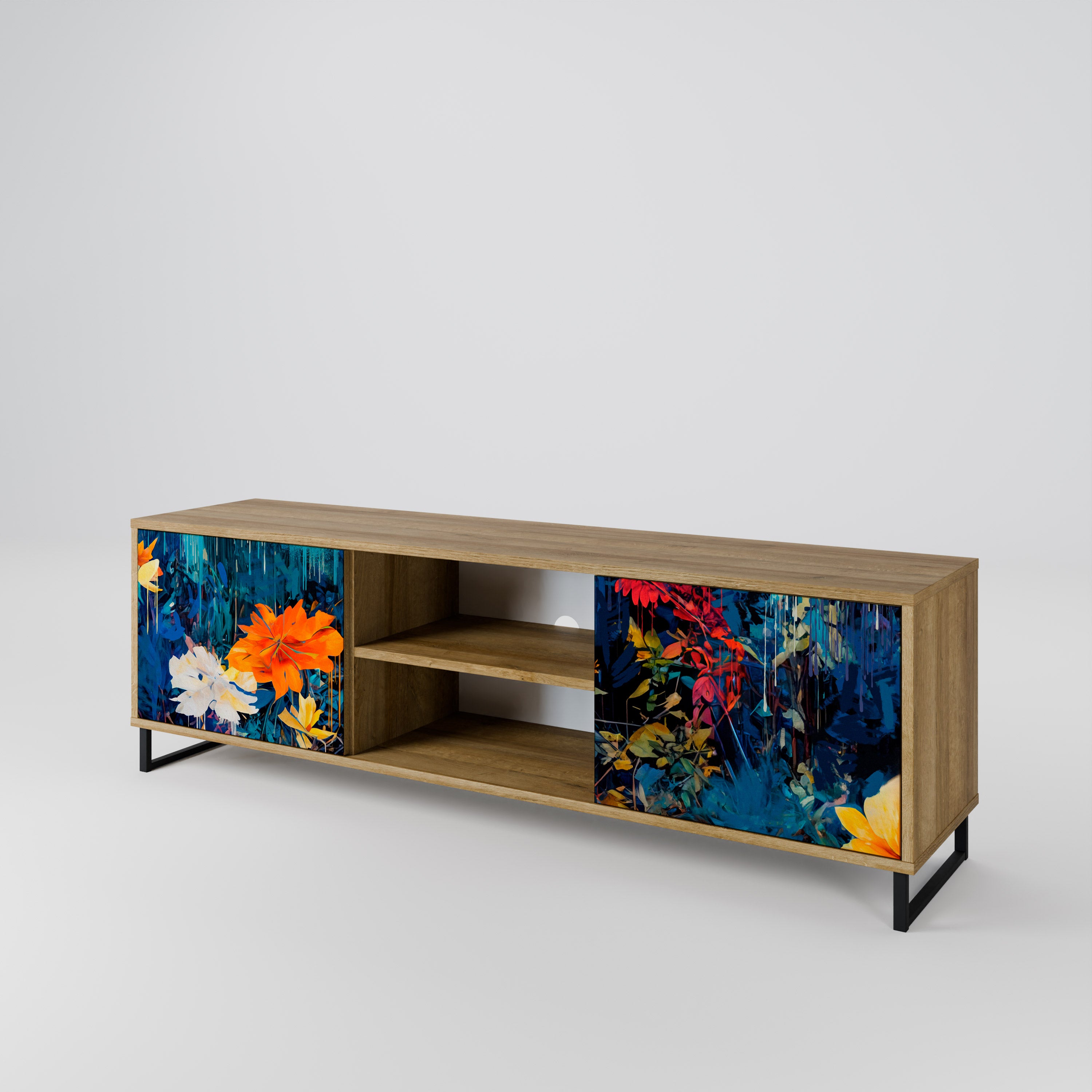 Mueble de TV de 2 puertas MIDNIGHT BLOSSOM con efecto roble