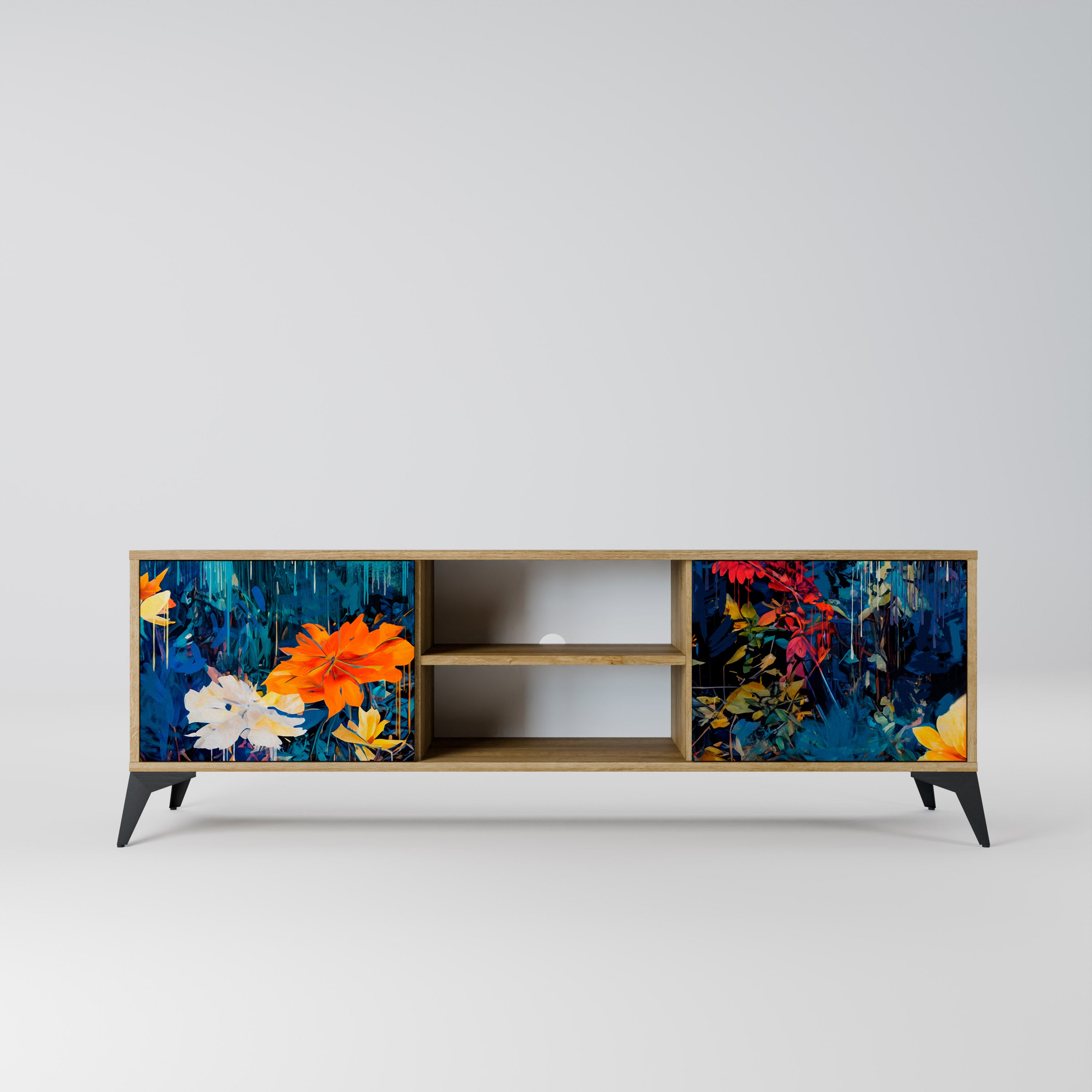 Mueble de TV de 2 puertas MIDNIGHT BLOSSOM con efecto roble