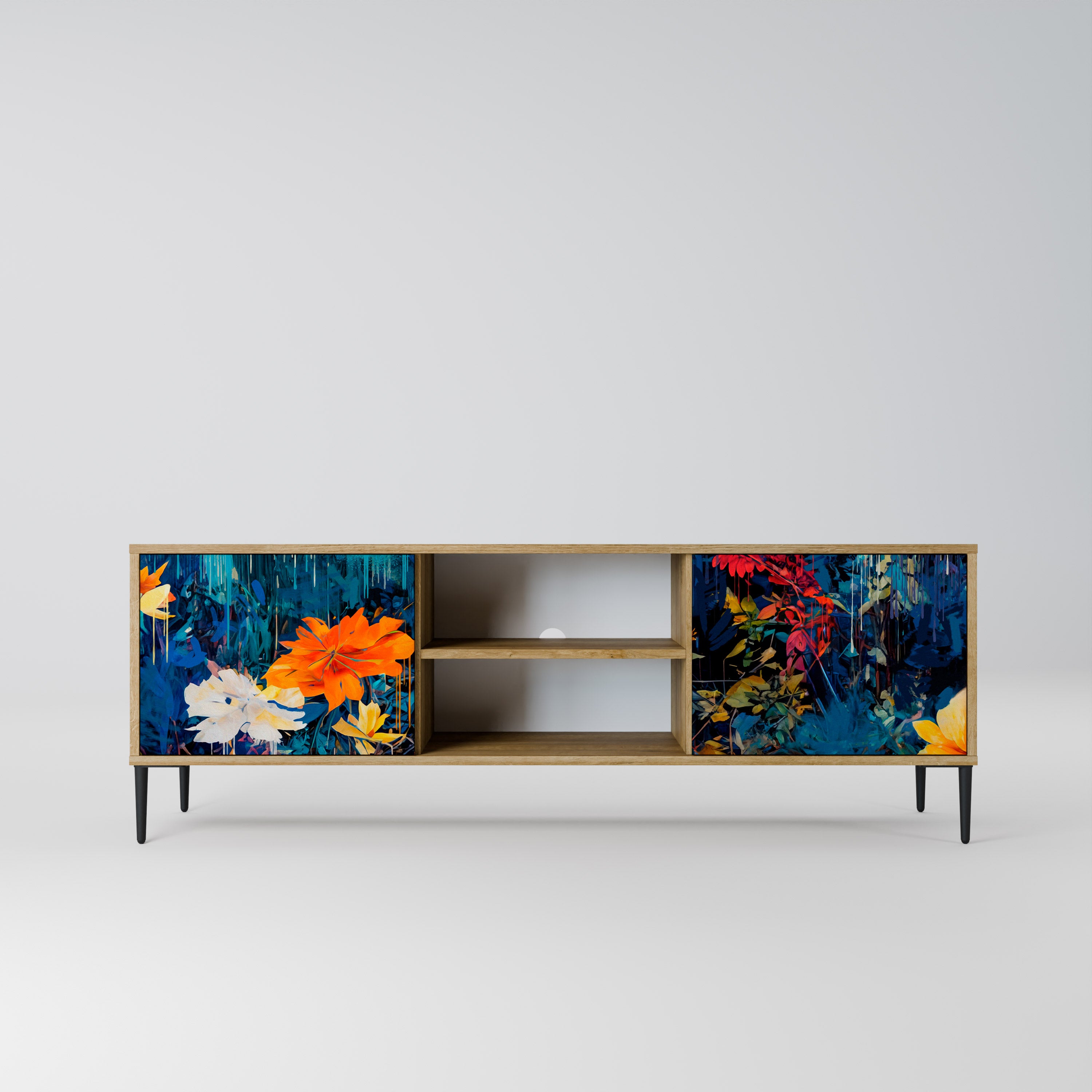 Mueble de TV de 2 puertas MIDNIGHT BLOSSOM con efecto roble