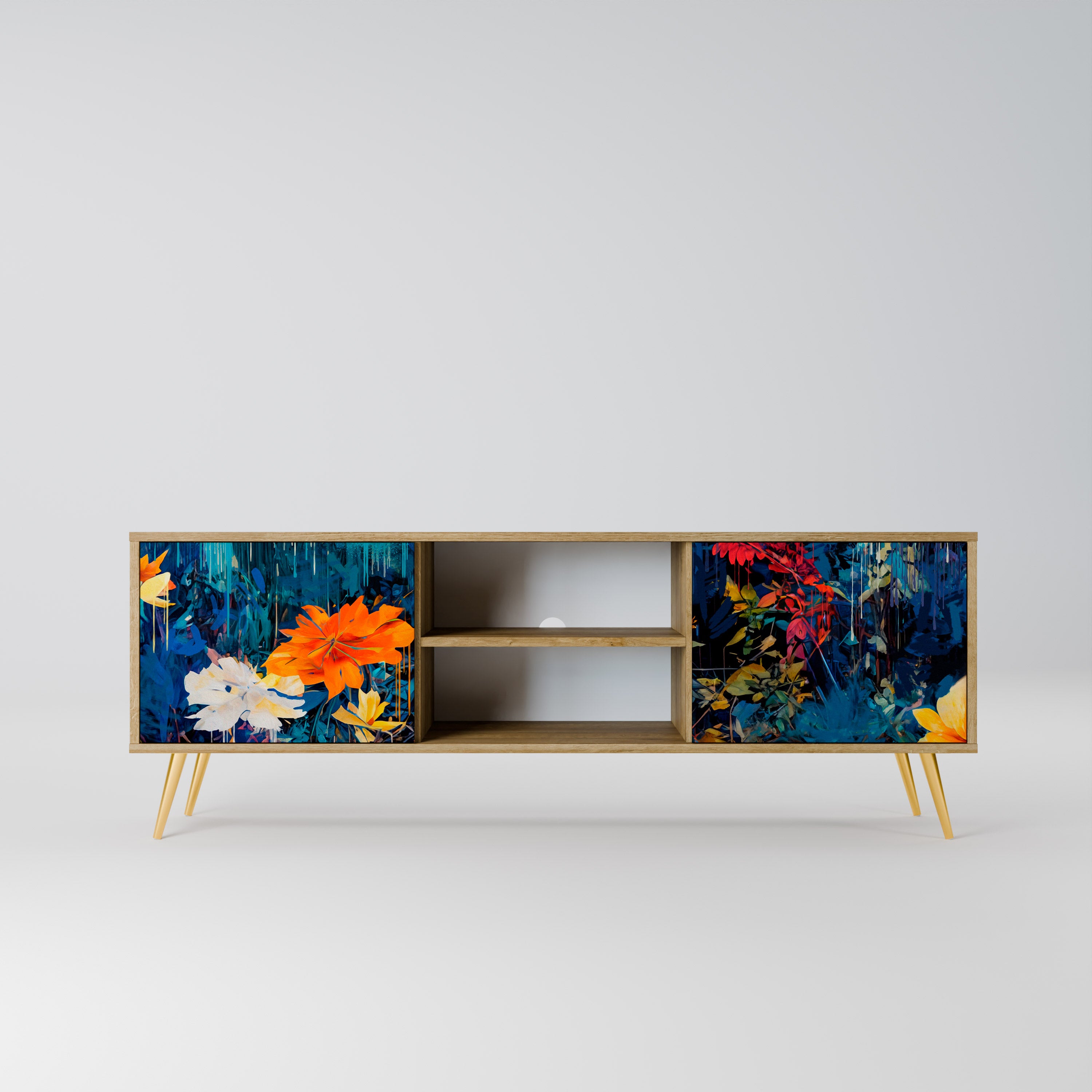 Mueble de TV de 2 puertas MIDNIGHT BLOSSOM con efecto roble