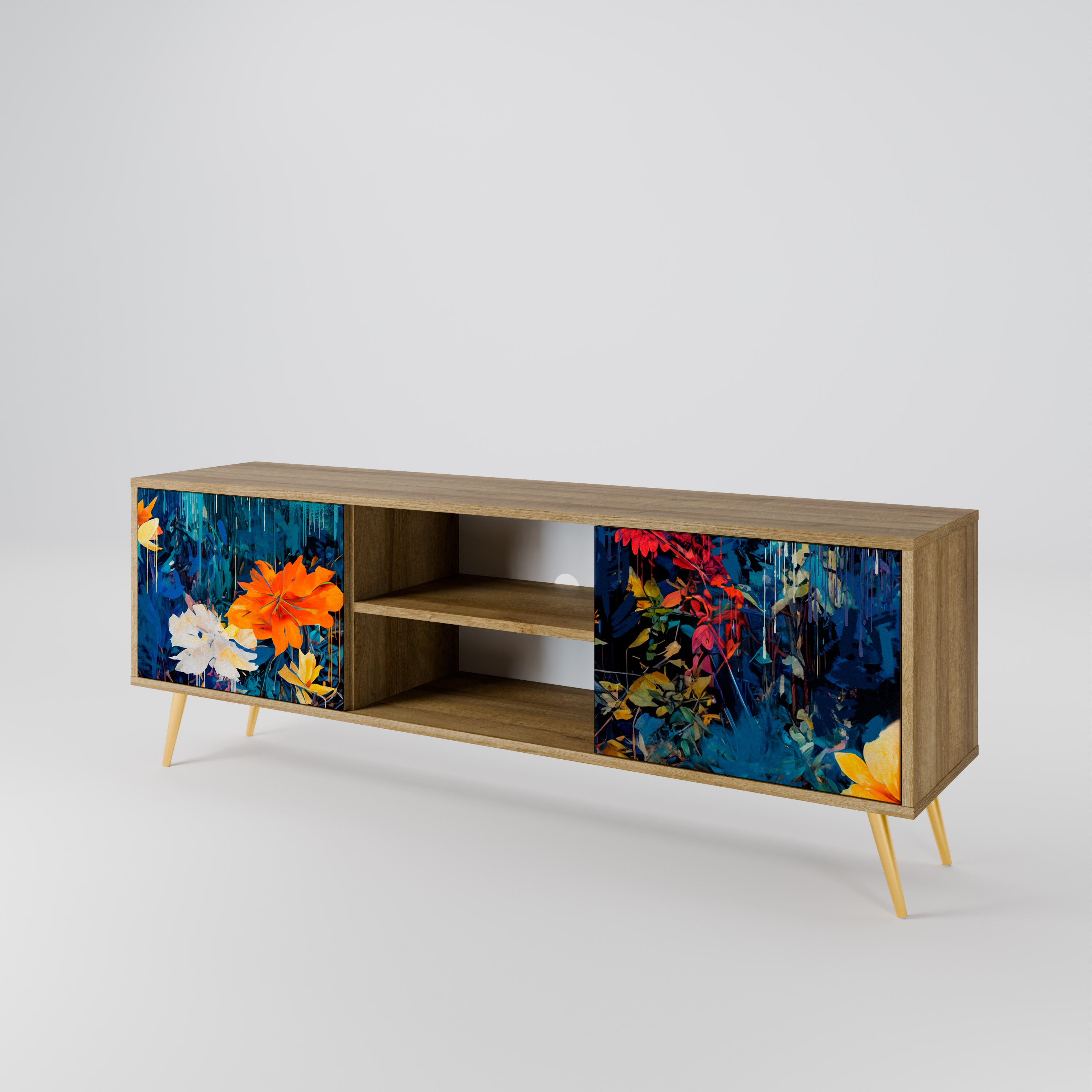 Mueble de TV de 2 puertas MIDNIGHT BLOSSOM con efecto roble