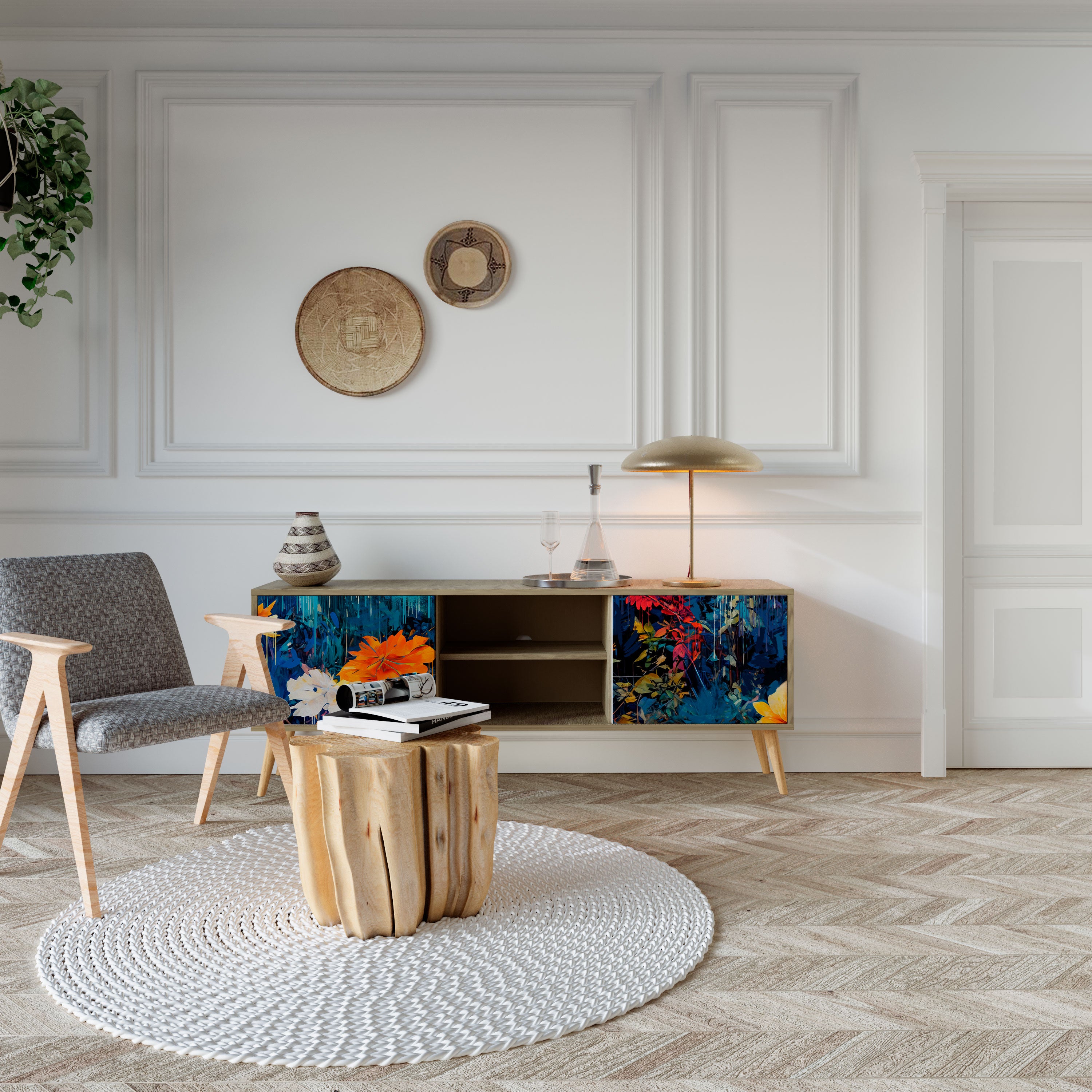 Mueble de TV de 2 puertas MIDNIGHT BLOSSOM con efecto roble