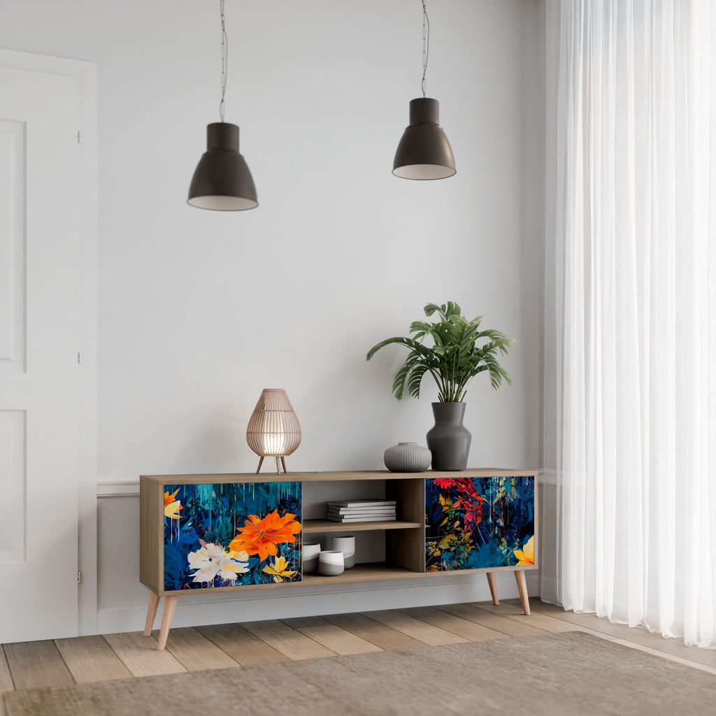 Mueble de TV de 2 puertas MIDNIGHT BLOSSOM con efecto roble
