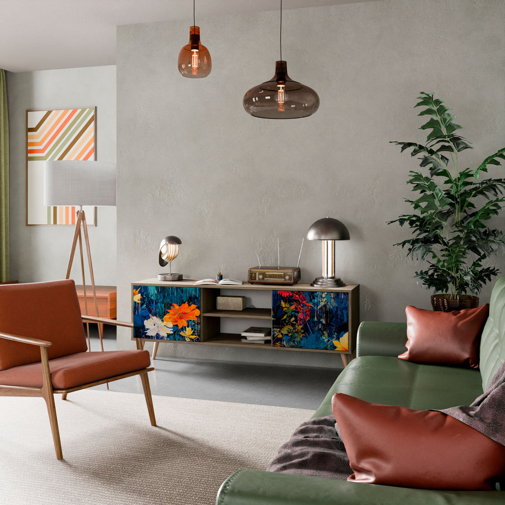 Mueble de TV de 2 puertas MIDNIGHT BLOSSOM con efecto roble