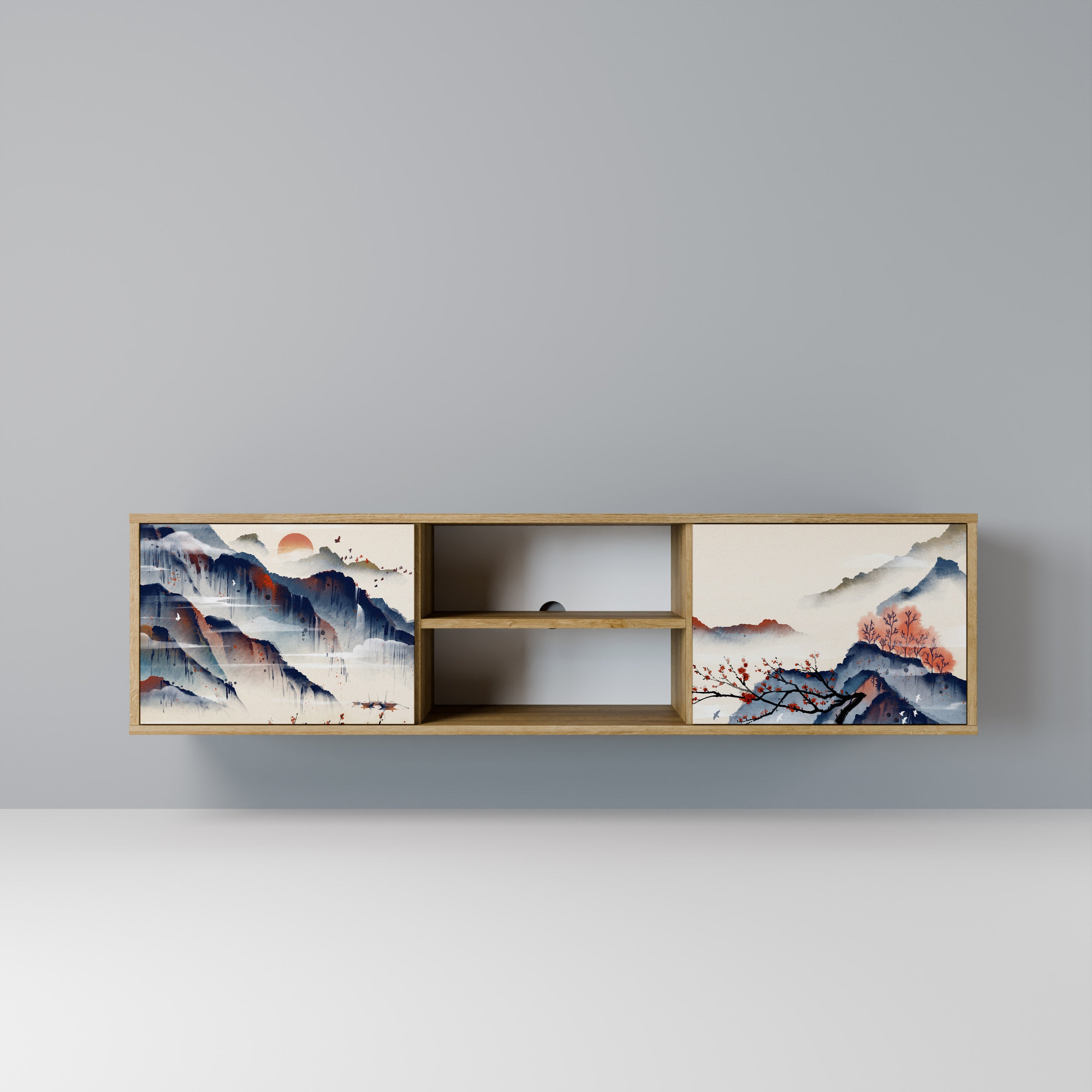 Mueble de TV de 2 puertas con diseño de paisaje japonés en efecto roble