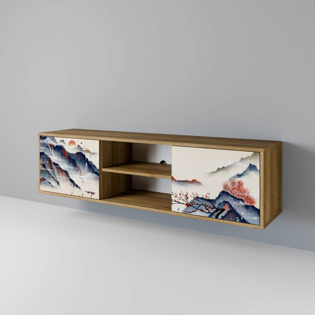Mueble de TV de 2 puertas con diseño de paisaje japonés en efecto roble