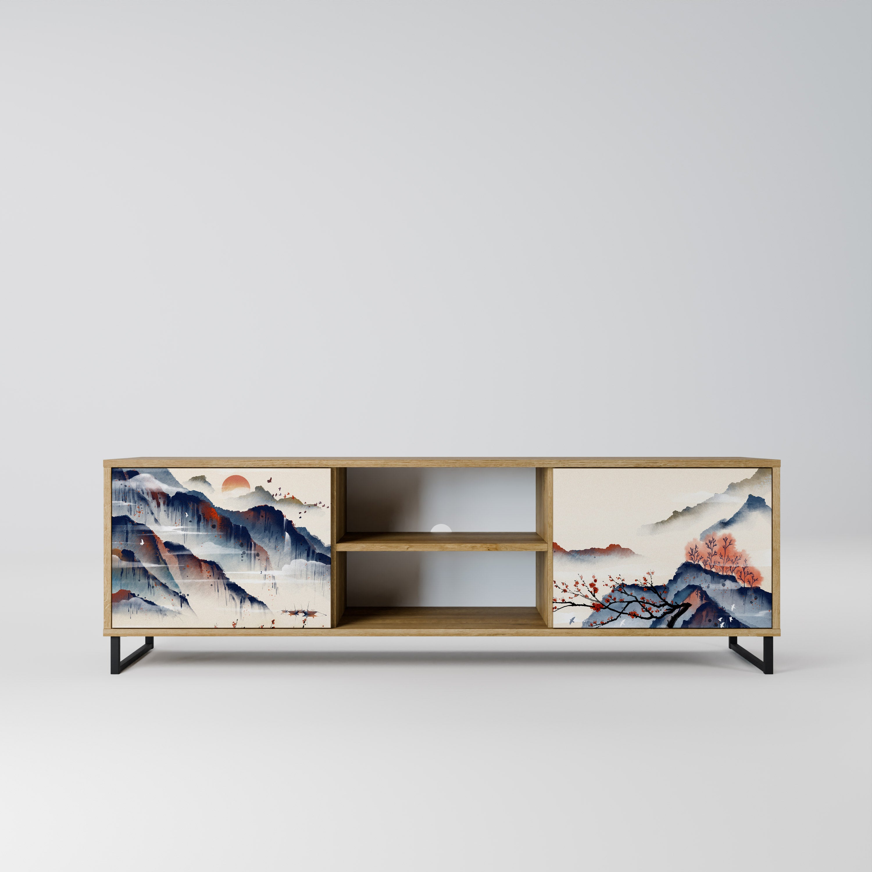 Mueble de TV de 2 puertas con diseño de paisaje japonés en efecto roble