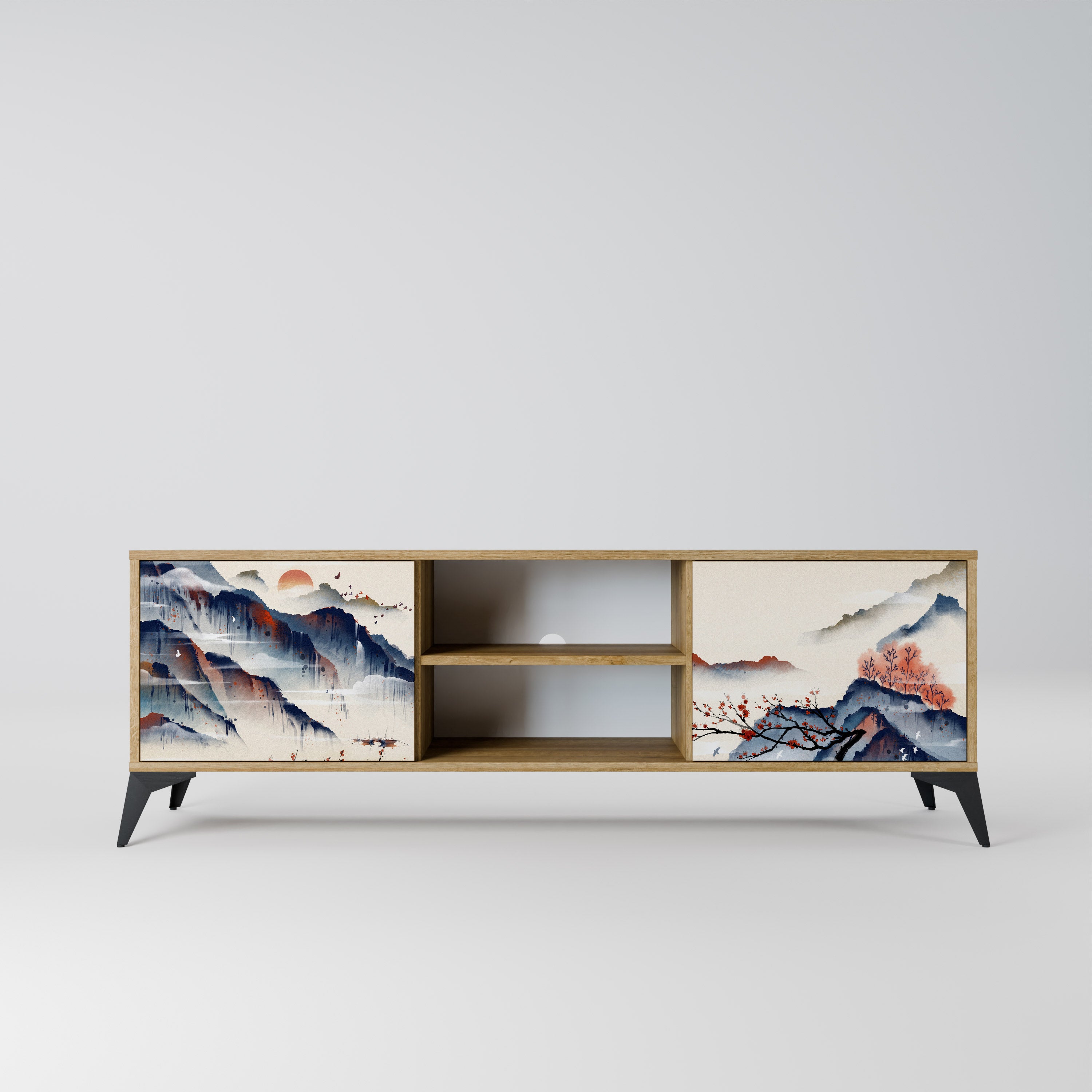 Mueble de TV de 2 puertas con diseño de paisaje japonés en efecto roble