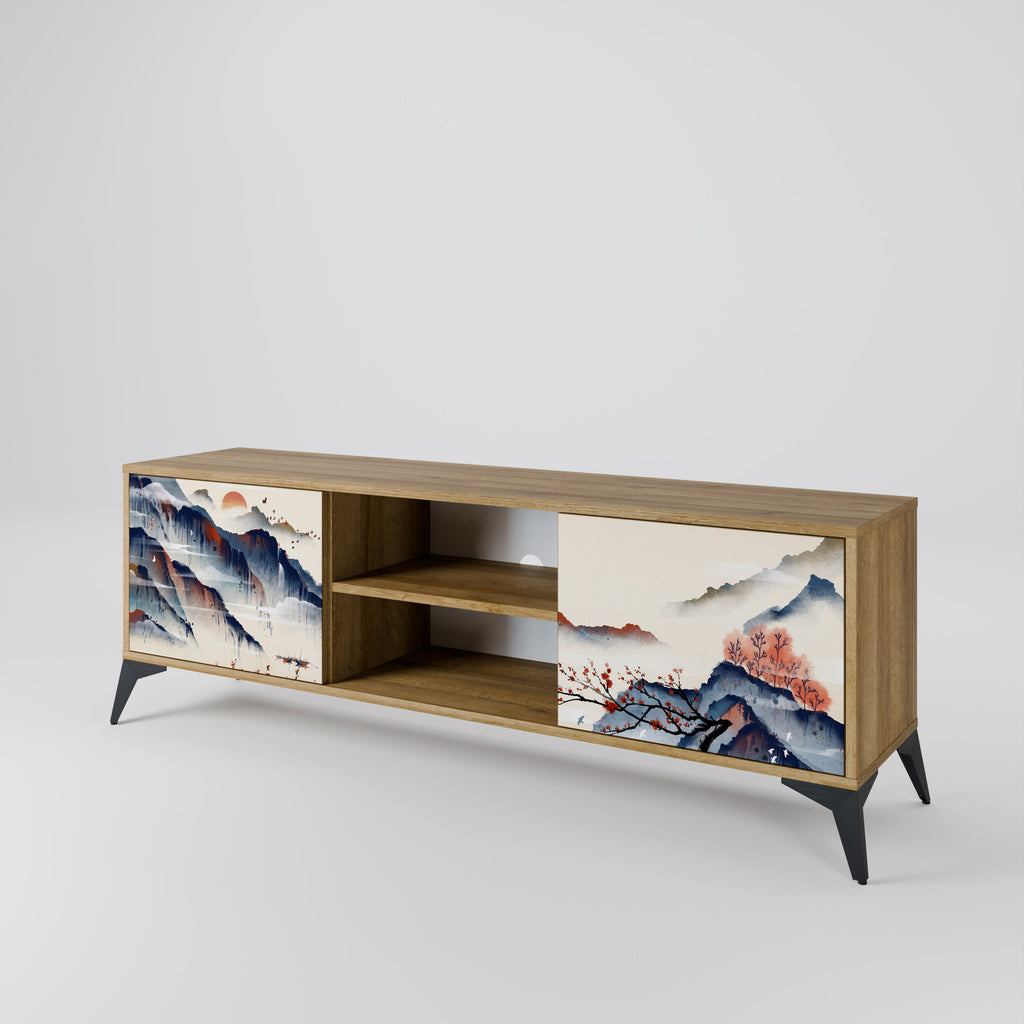 Mueble de TV de 2 puertas con diseño de paisaje japonés en efecto roble