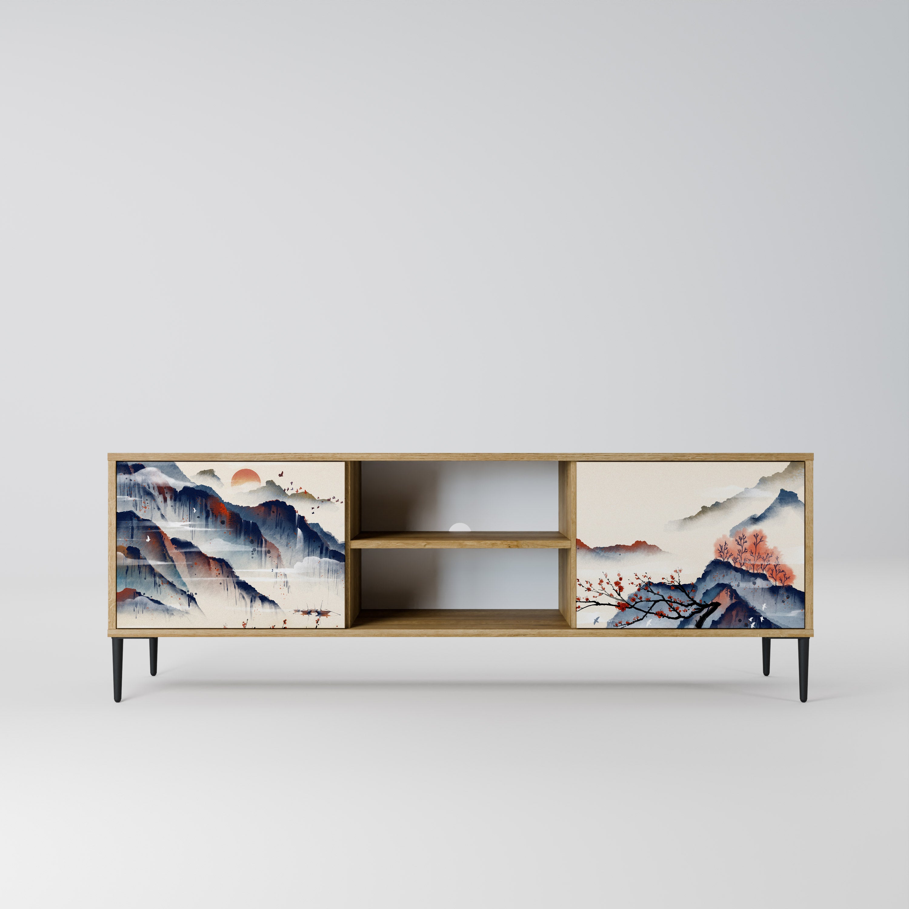 Mueble de TV de 2 puertas con diseño de paisaje japonés en efecto roble