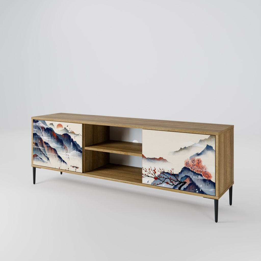 Mueble de TV de 2 puertas con diseño de paisaje japonés en efecto roble