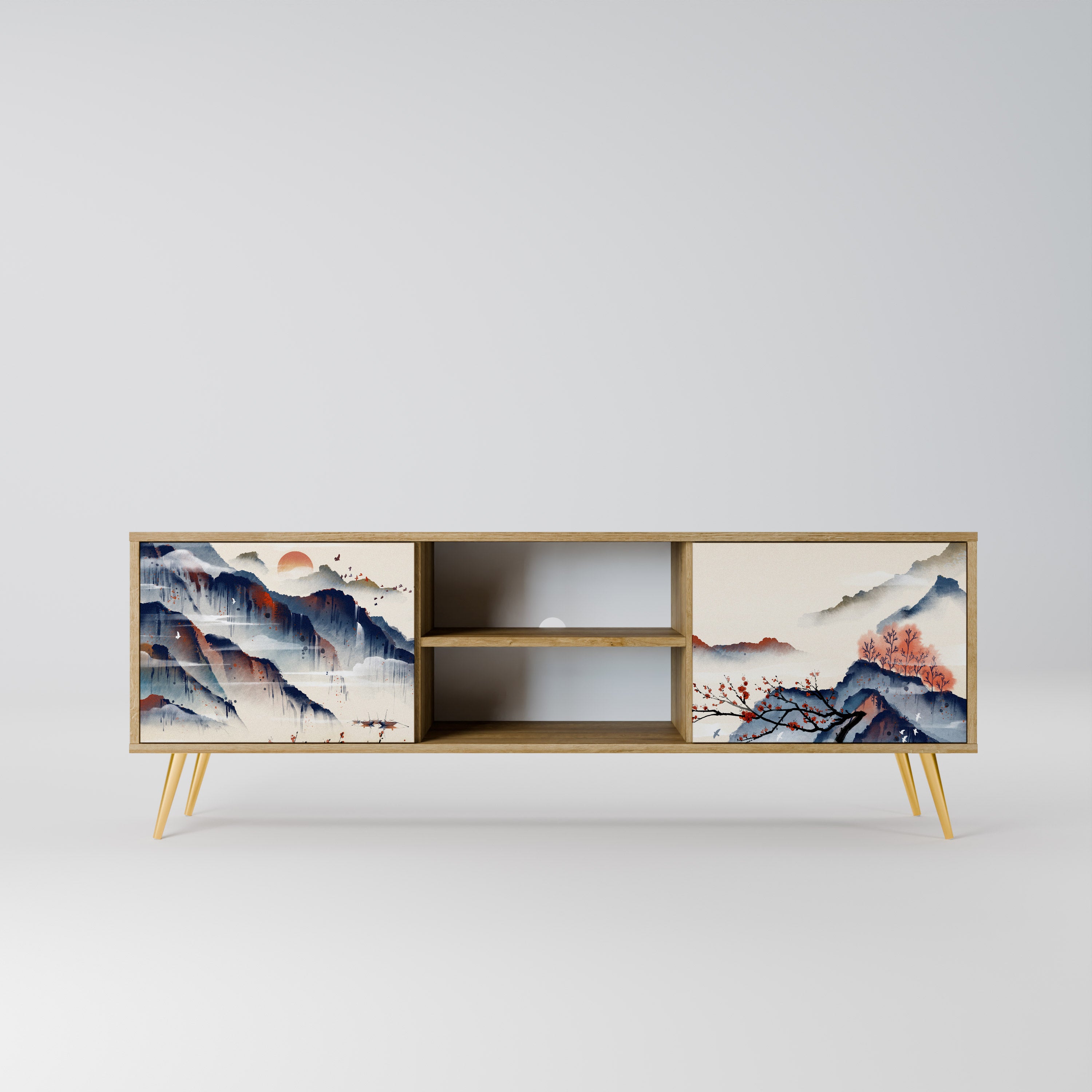 Mueble de TV de 2 puertas con diseño de paisaje japonés en efecto roble