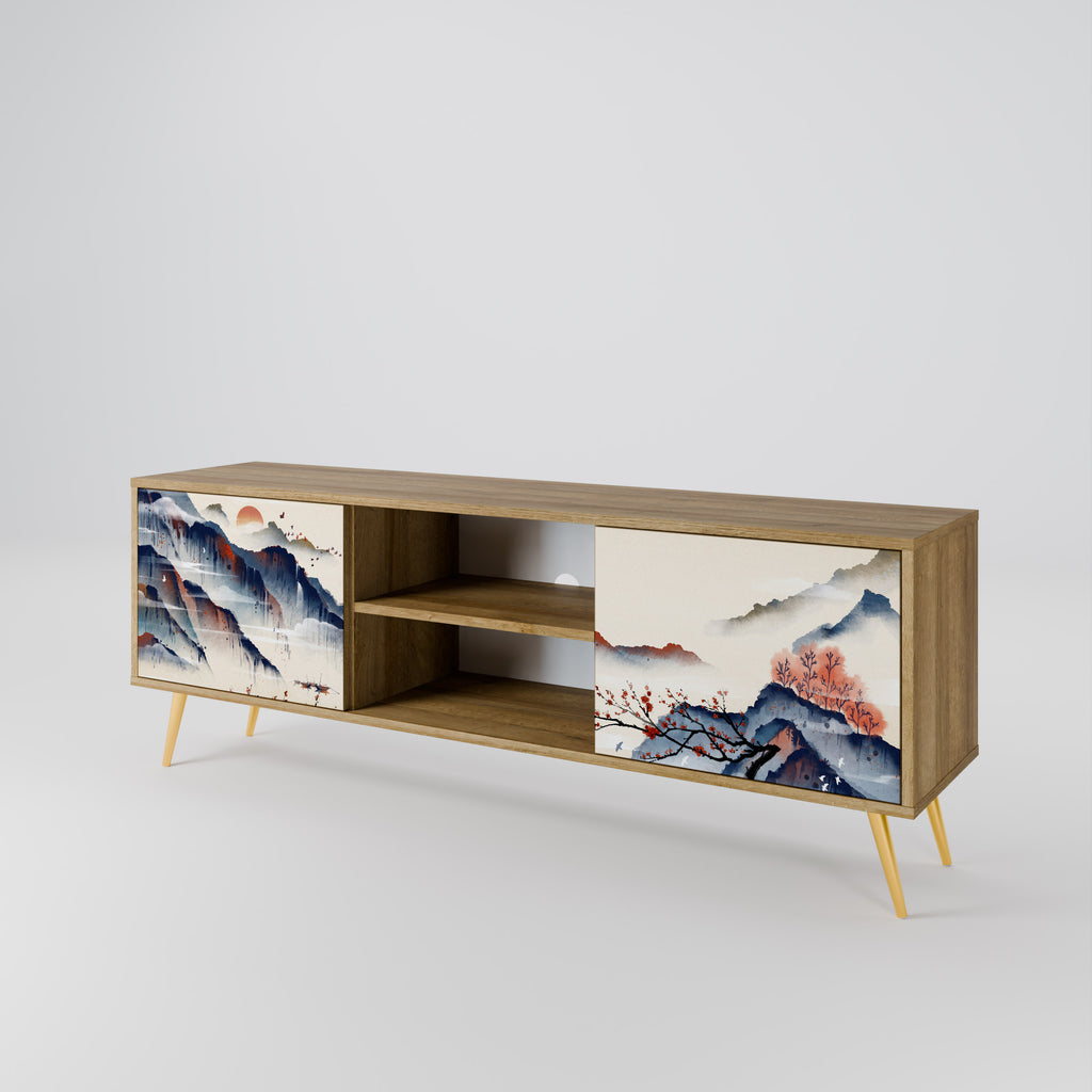 Mueble de TV de 2 puertas con diseño de paisaje japonés en efecto roble