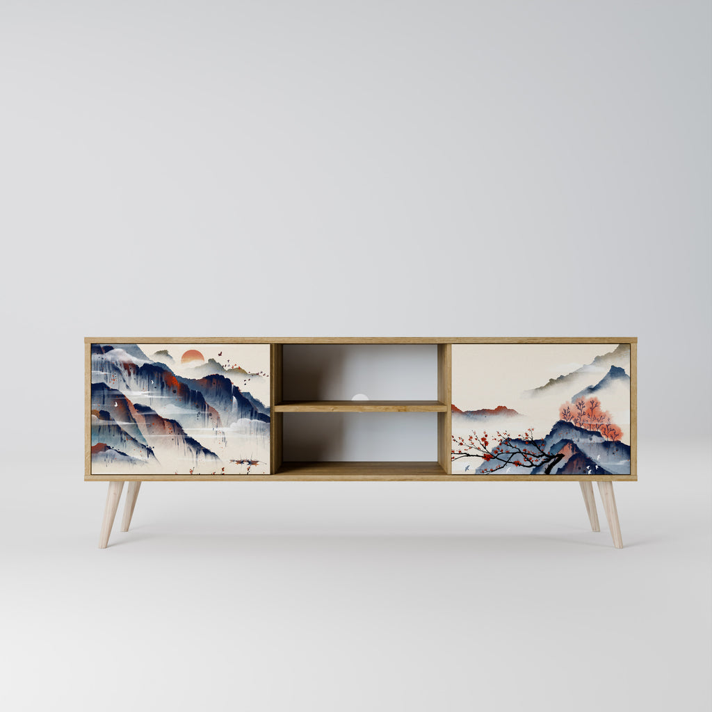 Mueble de TV de 2 puertas con diseño de paisaje japonés en efecto roble