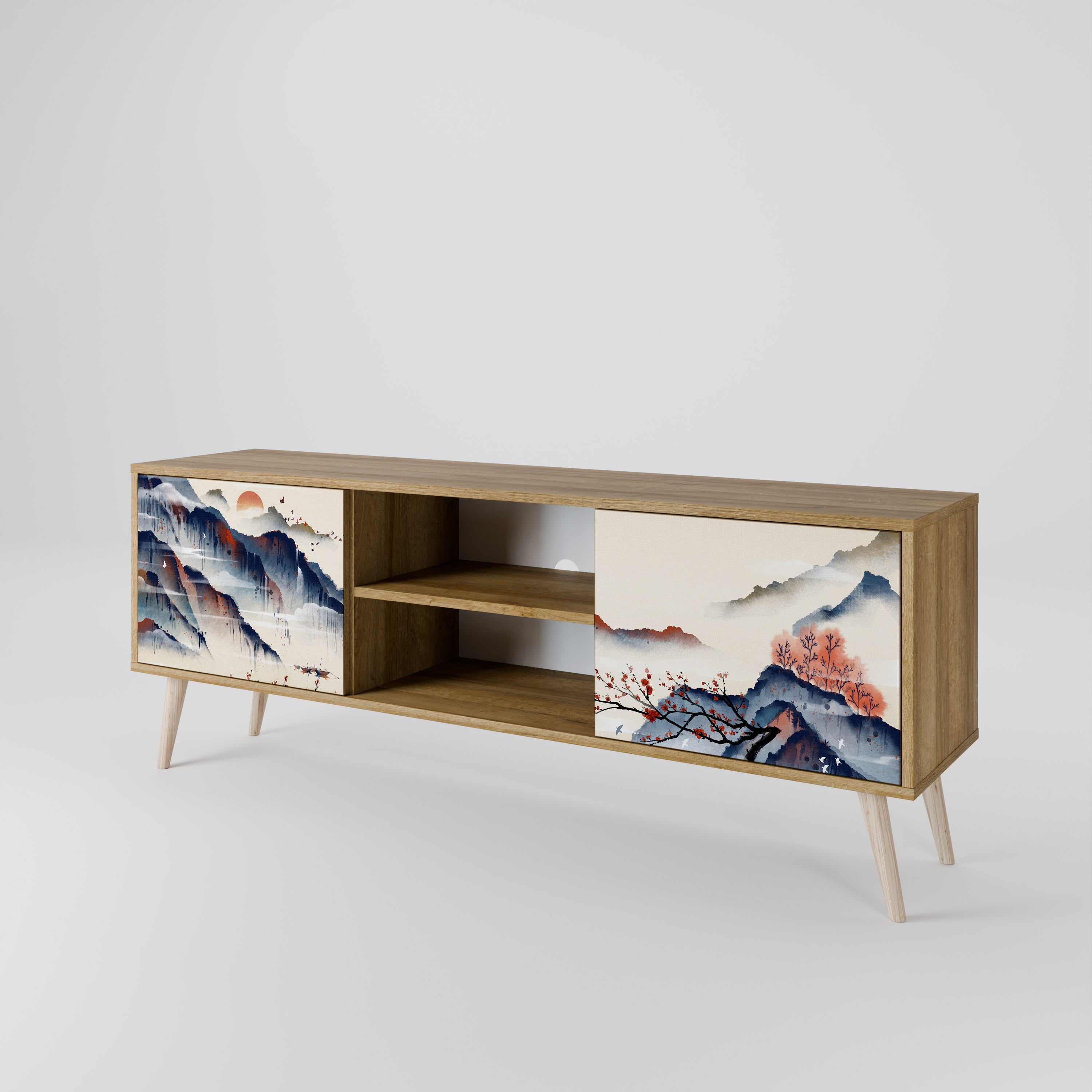 Mueble de TV de 2 puertas con diseño de paisaje japonés en efecto roble