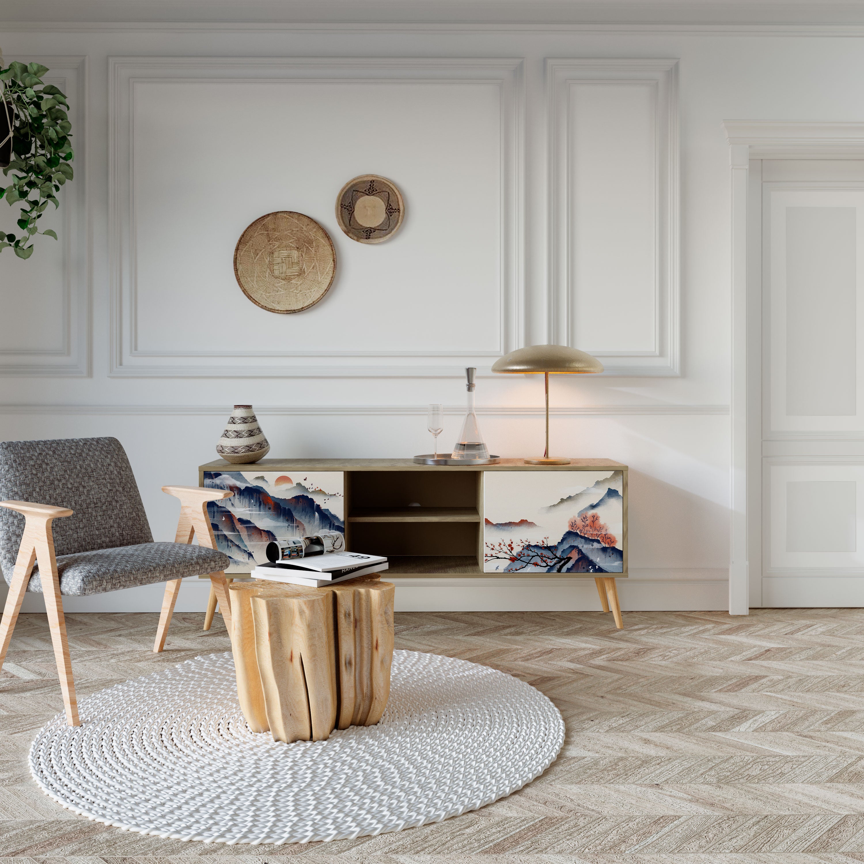 Mueble de TV de 2 puertas con diseño de paisaje japonés en efecto roble