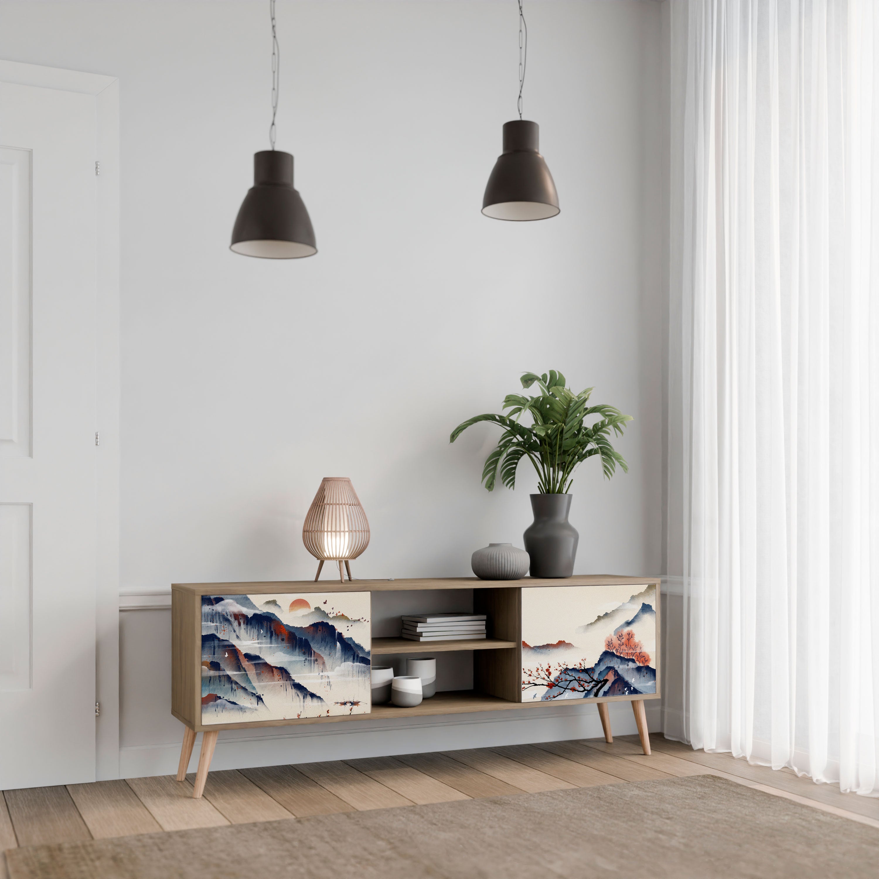 Mueble de TV de 2 puertas con diseño de paisaje japonés en efecto roble