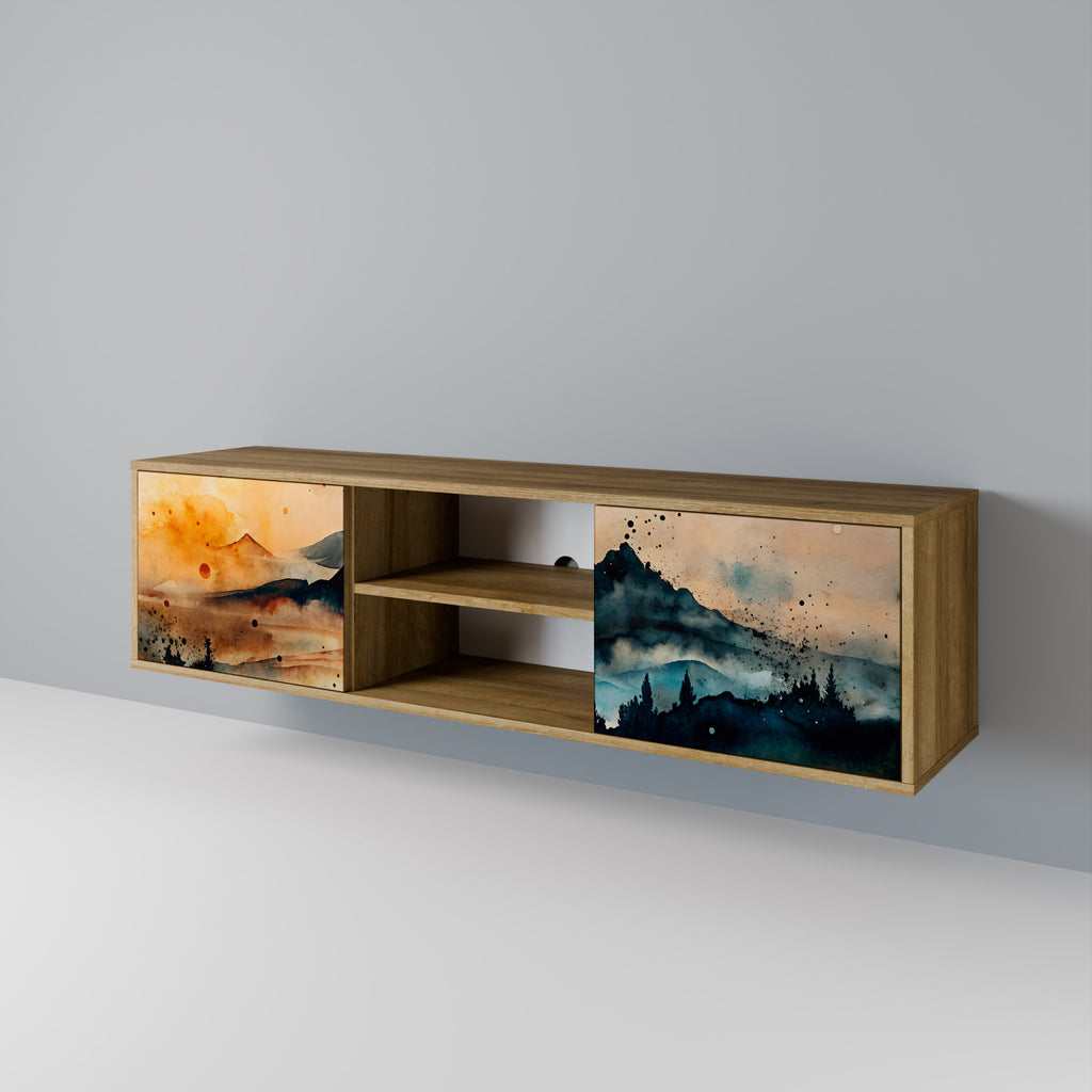 Mueble de TV de 2 puertas OMINOUS MOUNTAINS con efecto roble