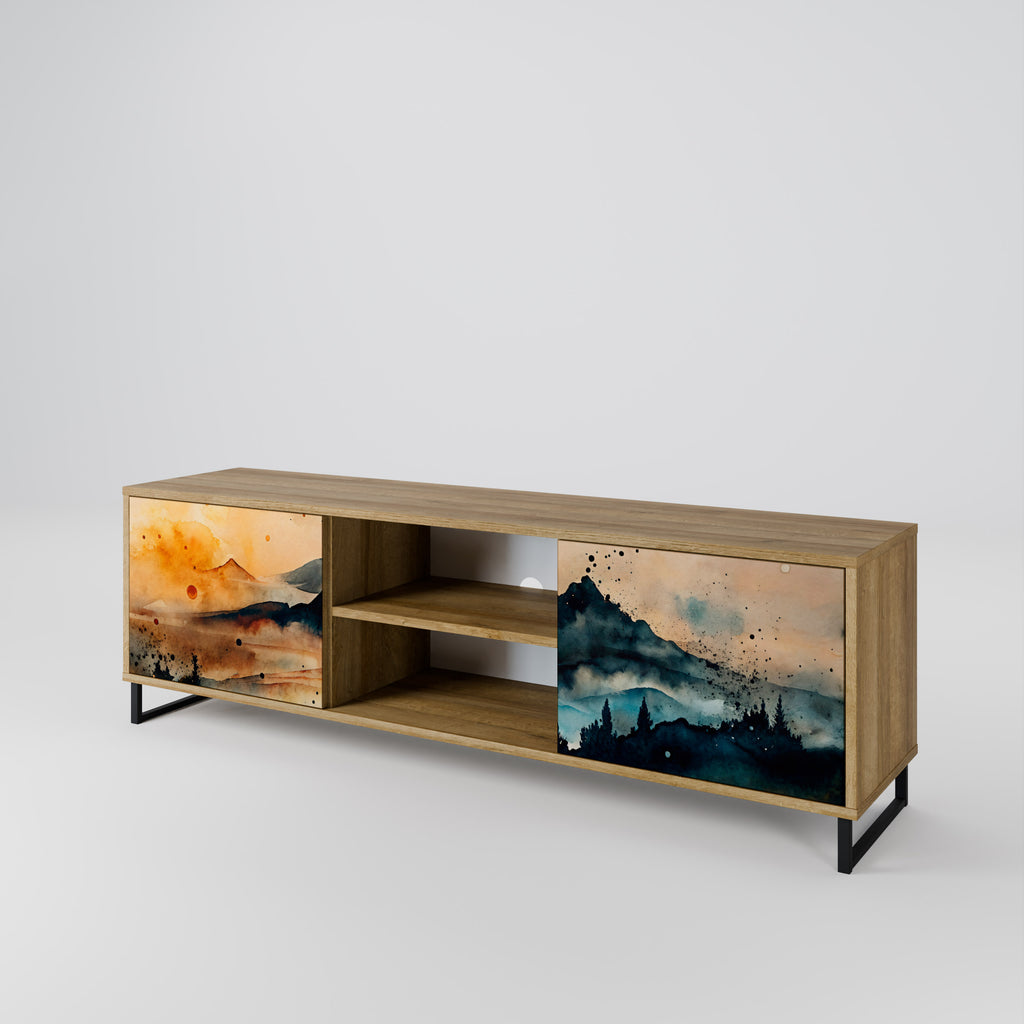 Mueble de TV de 2 puertas OMINOUS MOUNTAINS con efecto roble