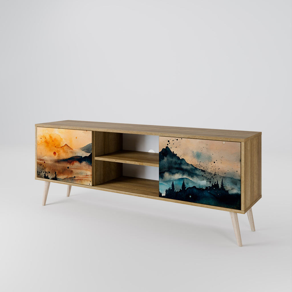 Mueble de TV de 2 puertas OMINOUS MOUNTAINS con efecto roble
