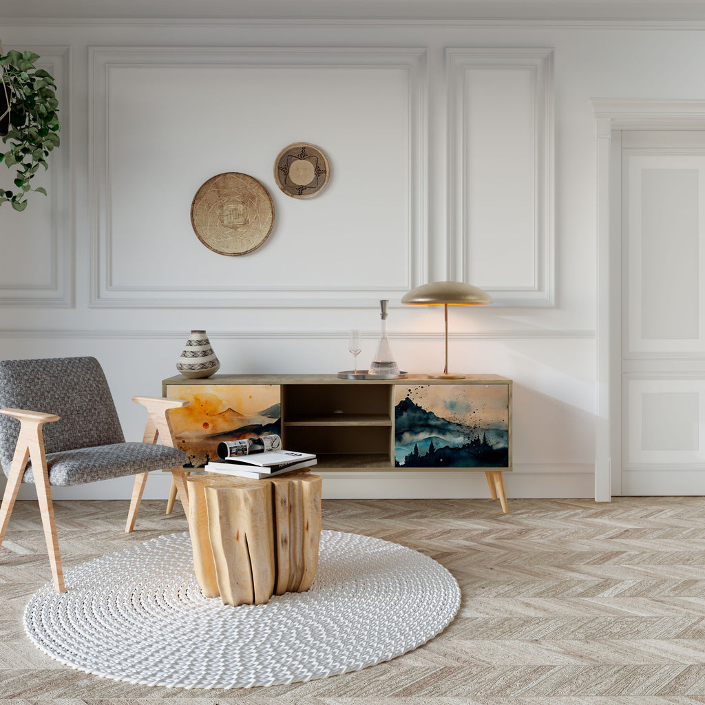 Mueble de TV de 2 puertas OMINOUS MOUNTAINS con efecto roble