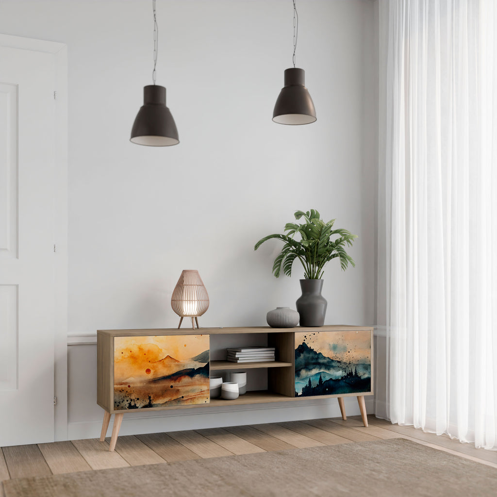 Mueble de TV de 2 puertas OMINOUS MOUNTAINS con efecto roble