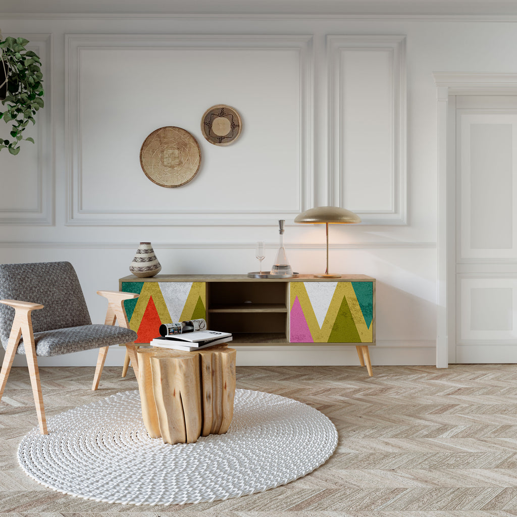 Mueble de TV de 2 puertas COLORFUL TRIANGLES en efecto roble