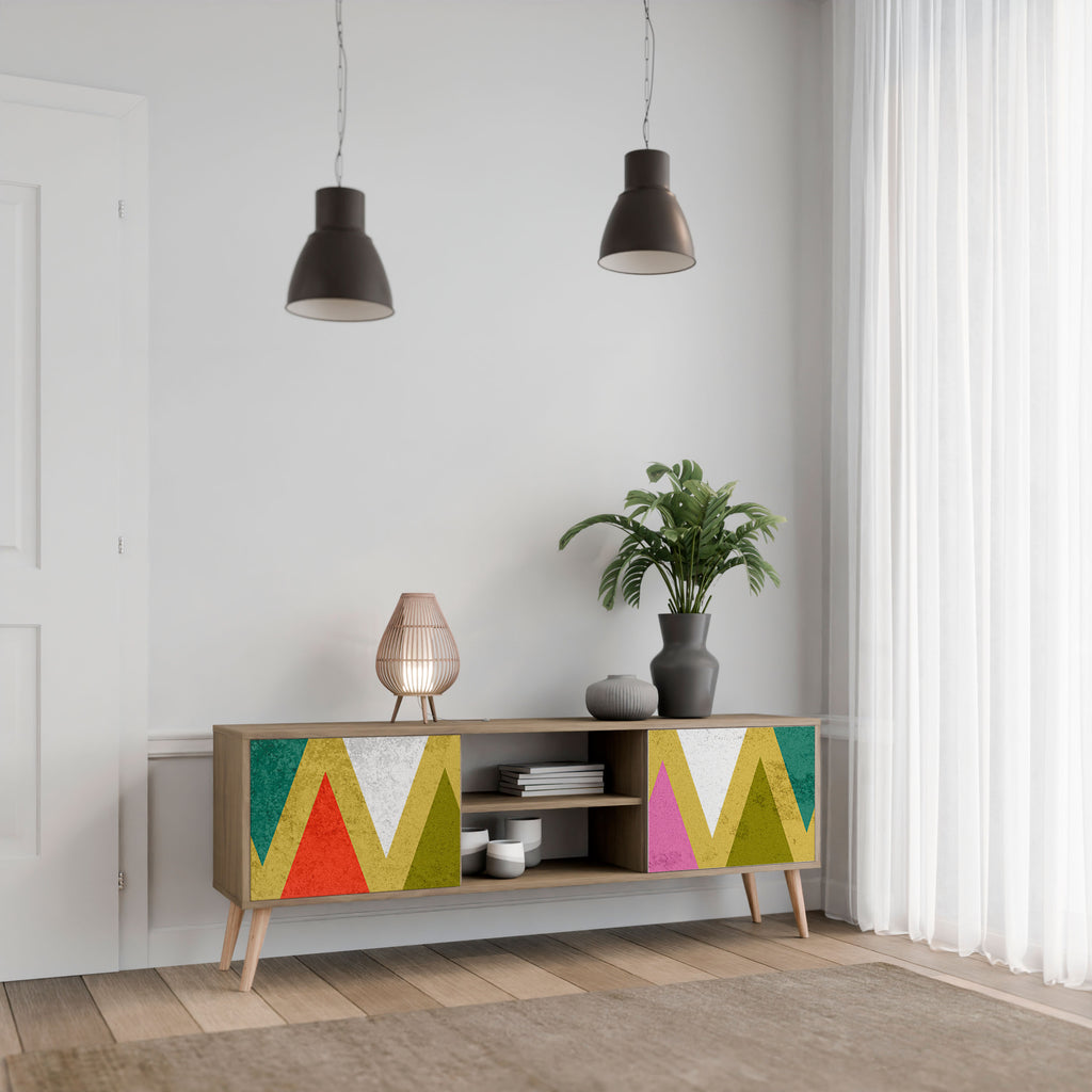 Mueble de TV de 2 puertas COLORFUL TRIANGLES en efecto roble