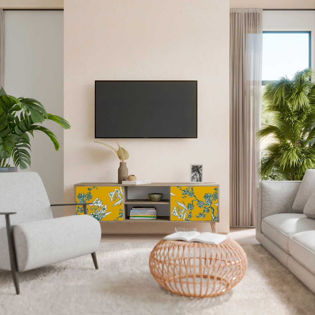 YELLOW CHINOISERIE 2-Door TV Stand in Oak Effect