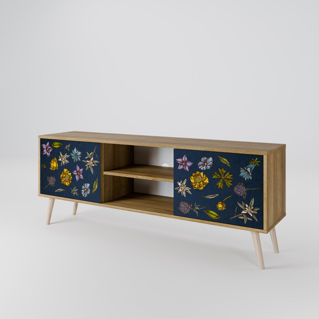 FLOWERS ON NAVY BLUE 2-Door TV Stand in Oak Effect