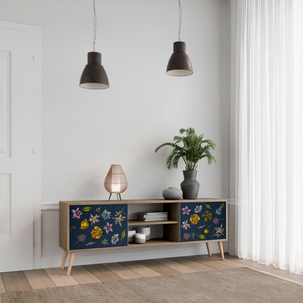 FLOWERS ON NAVY BLUE 2-Door TV Stand in Oak Effect