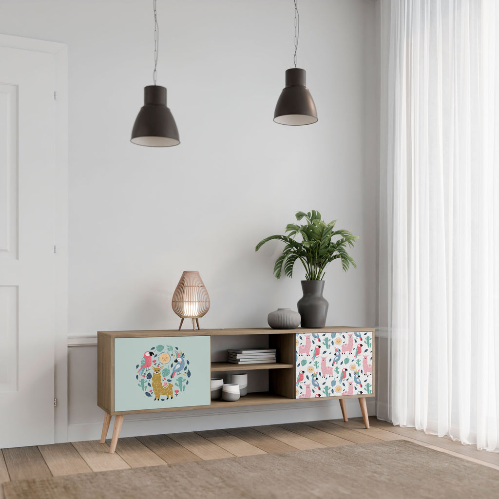 Mueble de TV de 2 puertas COLORFUL ALPACAS en efecto roble