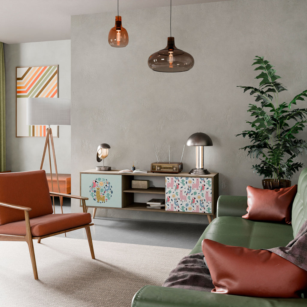 Mueble de TV de 2 puertas COLORFUL ALPACAS en efecto roble