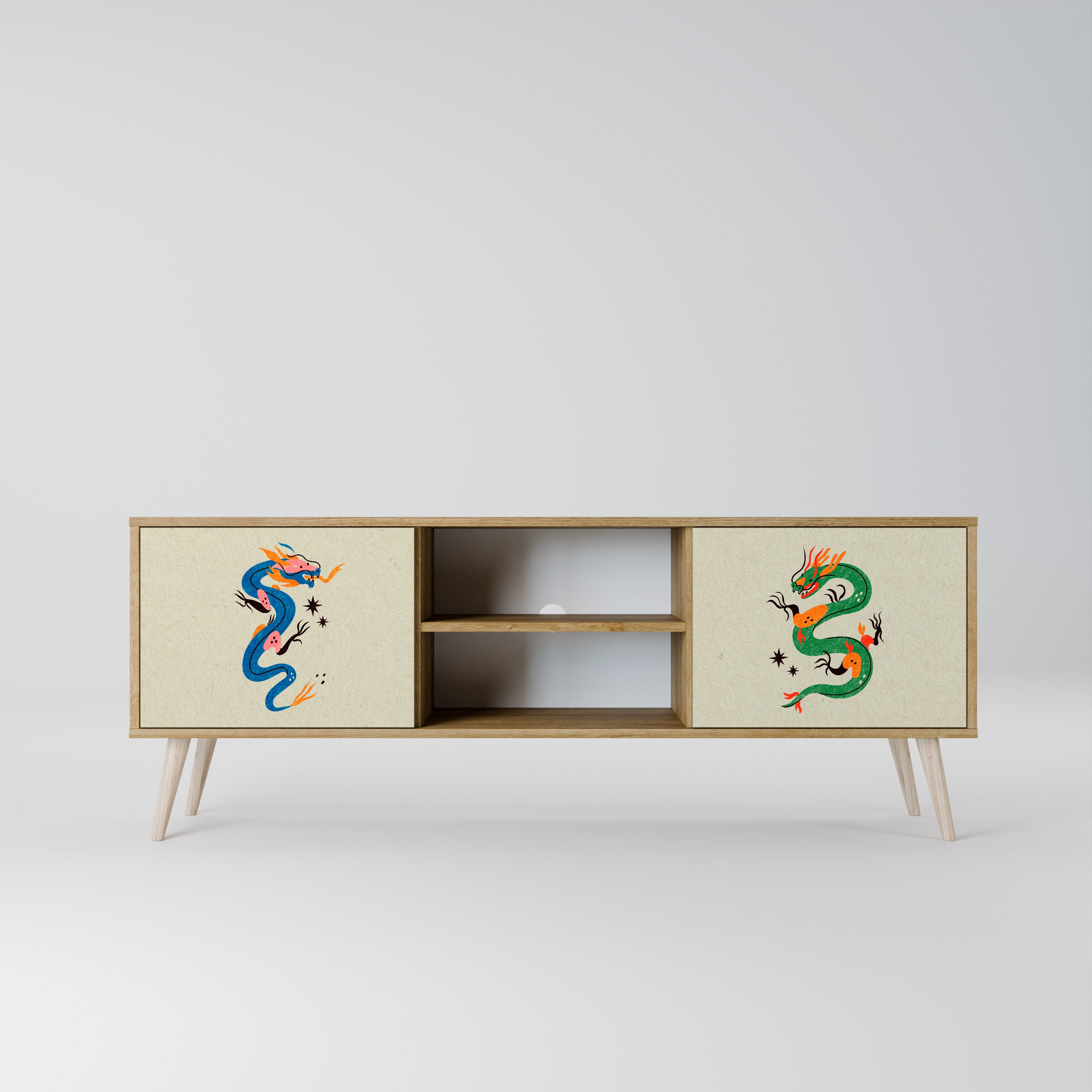 Mueble de TV de 2 puertas con efecto roble CRIATURAS MITOLÓGICAS
