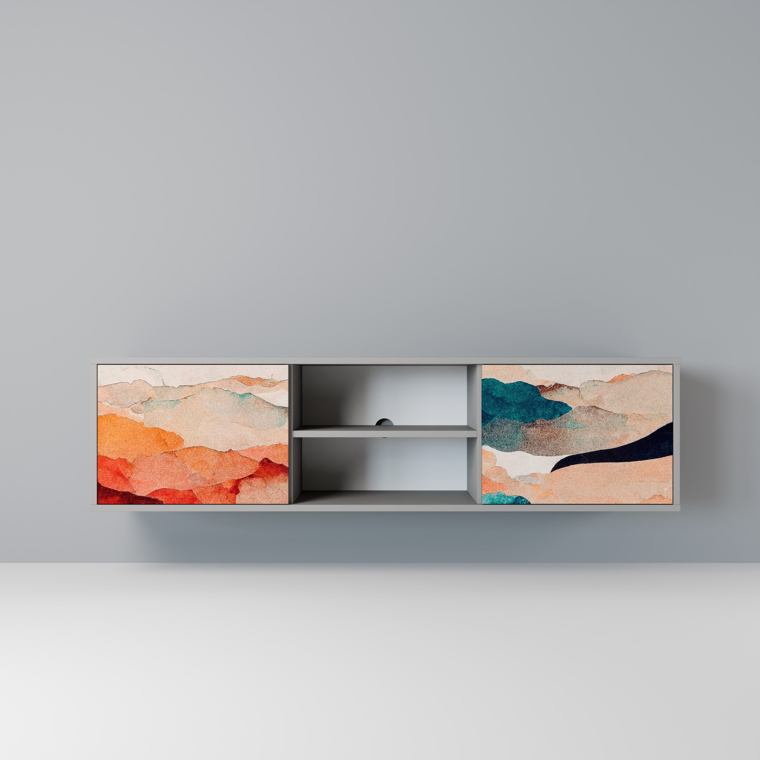 Mueble de TV de 2 puertas PAISAJE ABSTRACTO en acabado gris