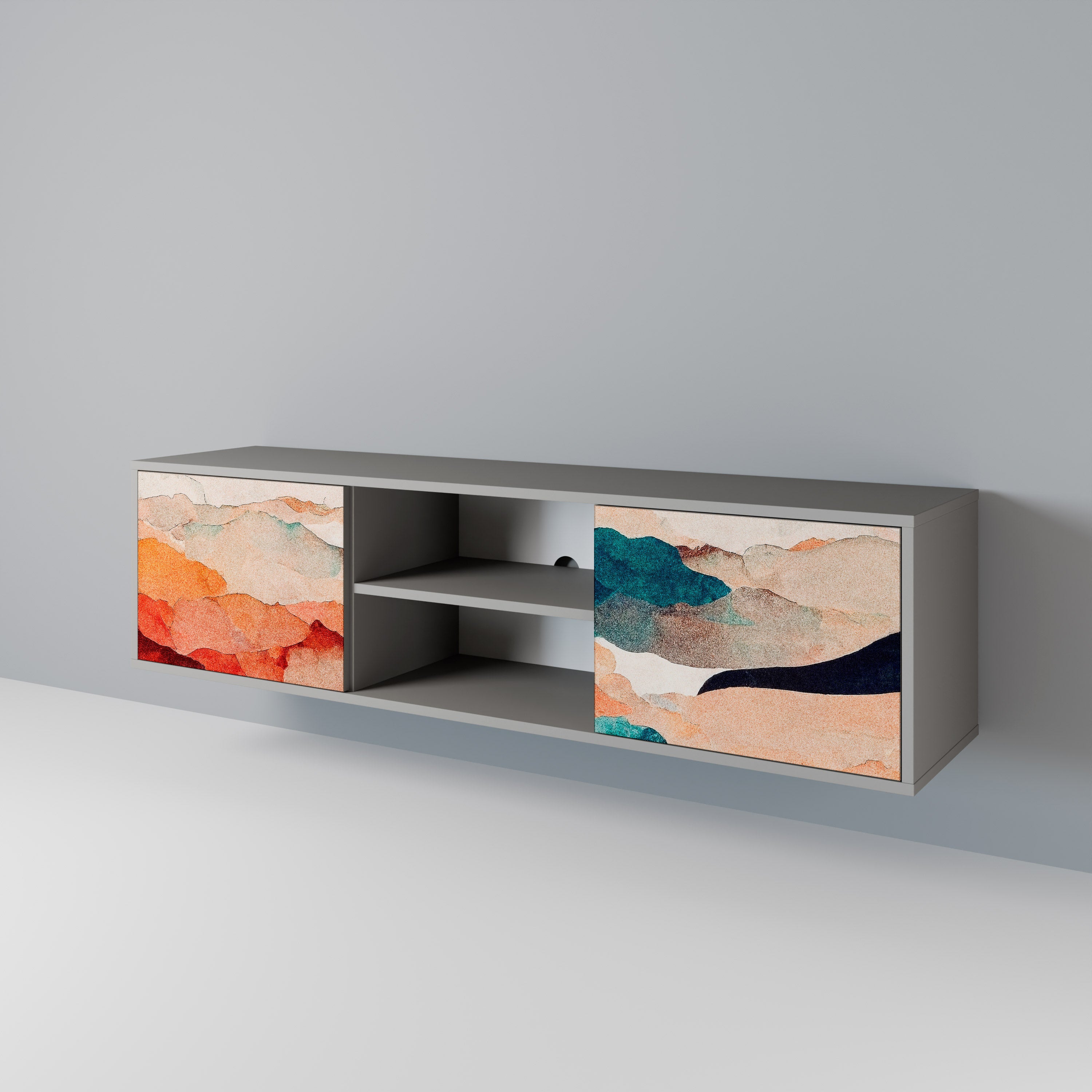 Mueble de TV de 2 puertas PAISAJE ABSTRACTO en acabado gris