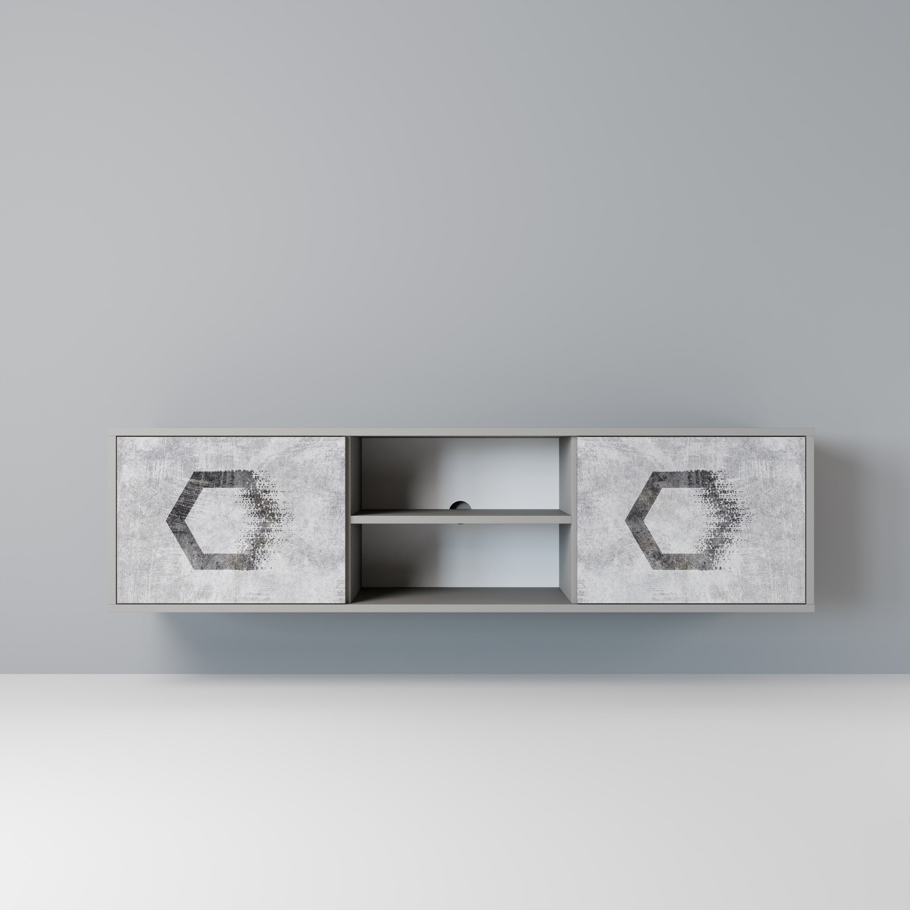 Mueble de TV de 2 puertas FIGURAS HEXAGONALES en acabado gris