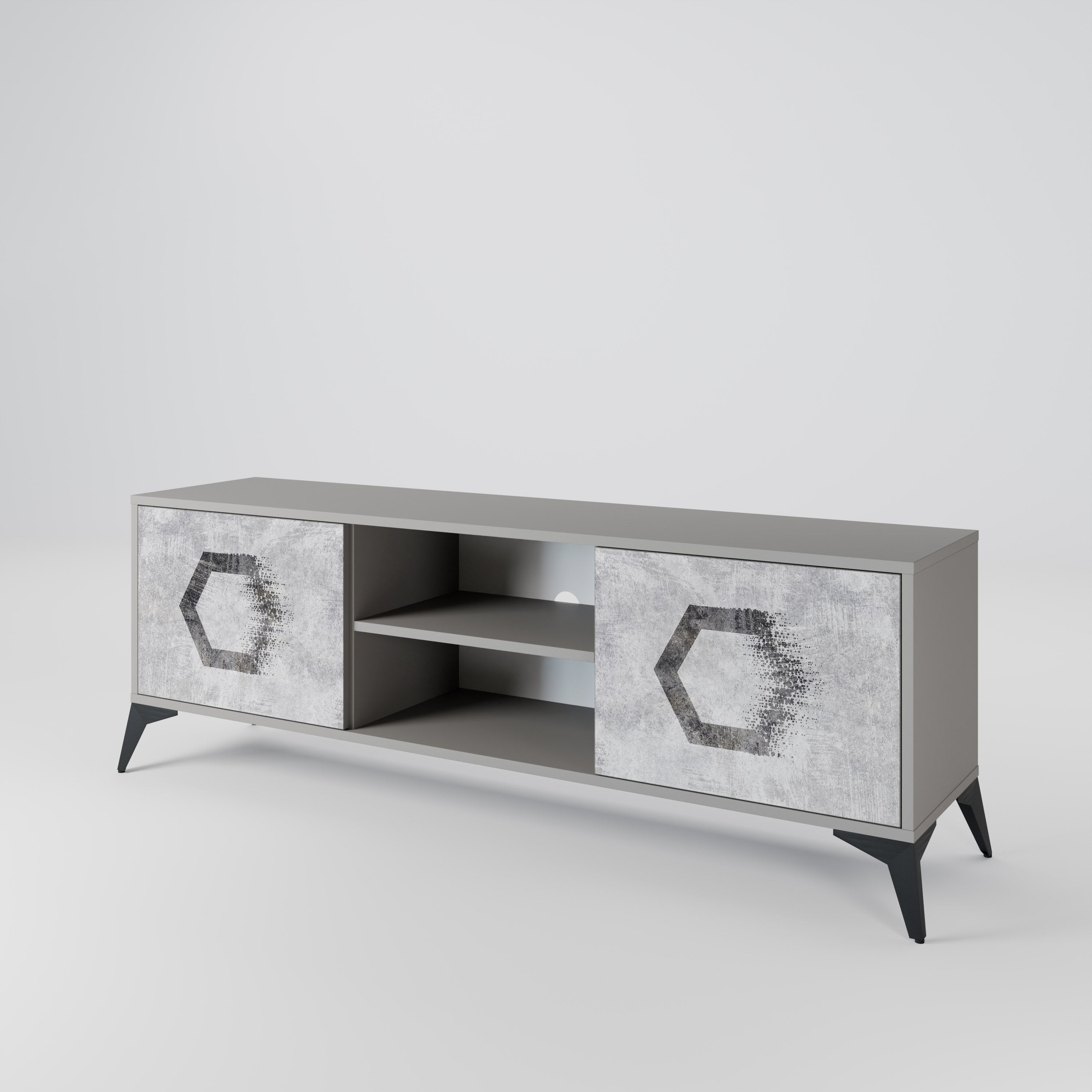 Mueble de TV de 2 puertas FIGURAS HEXAGONALES en acabado gris